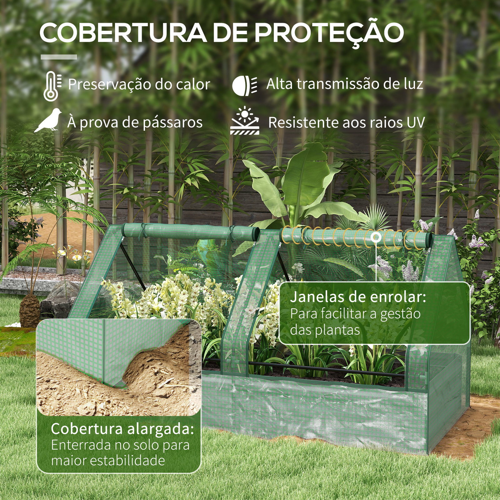 Floreira exterior grande com mini estufa com base aberta para jardim terraço varanda 185x95x92 cm cinzento e verde