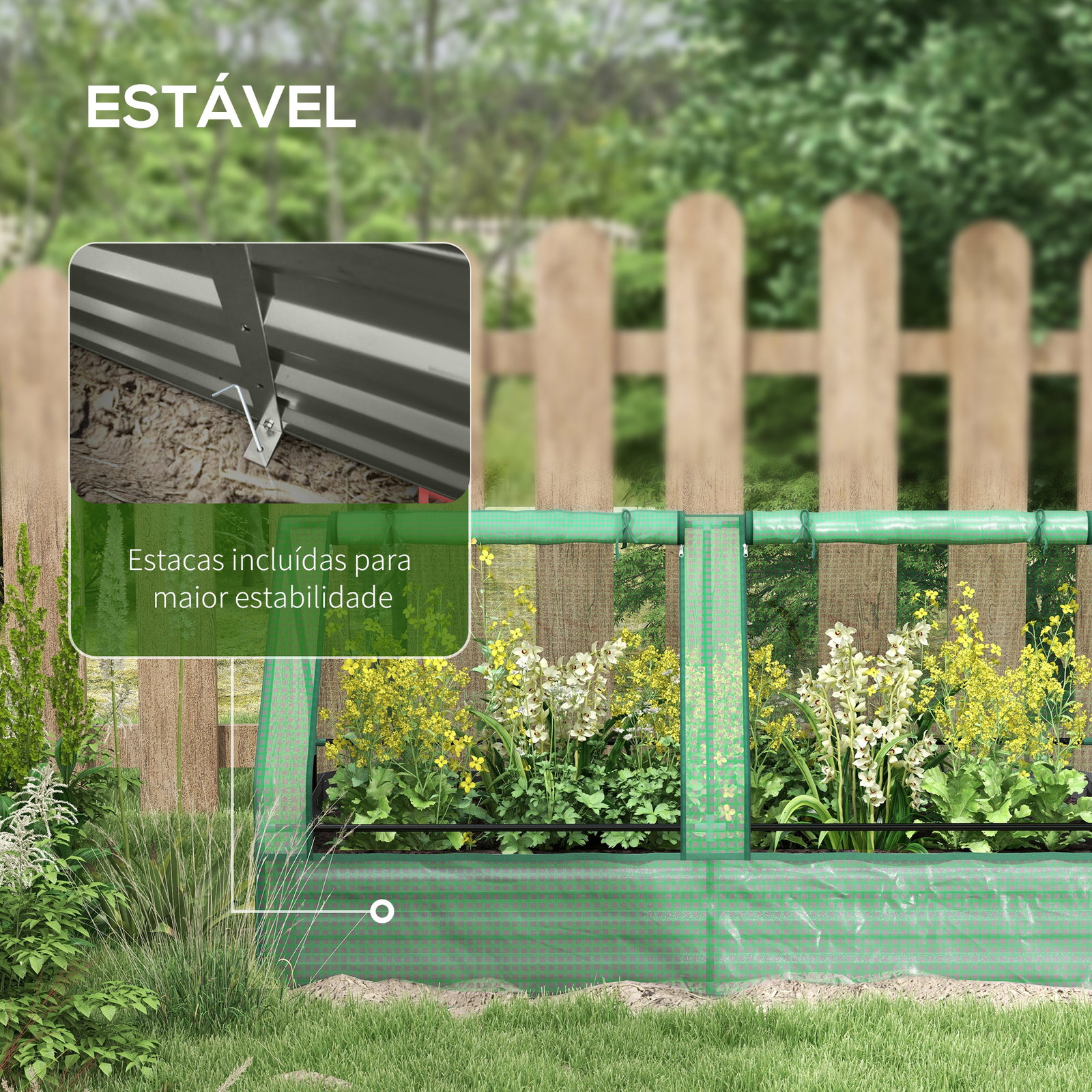 Floreira exterior grande com mini estufa com base aberta para jardim terraço varanda 185x95x92 cm cinzento e verde