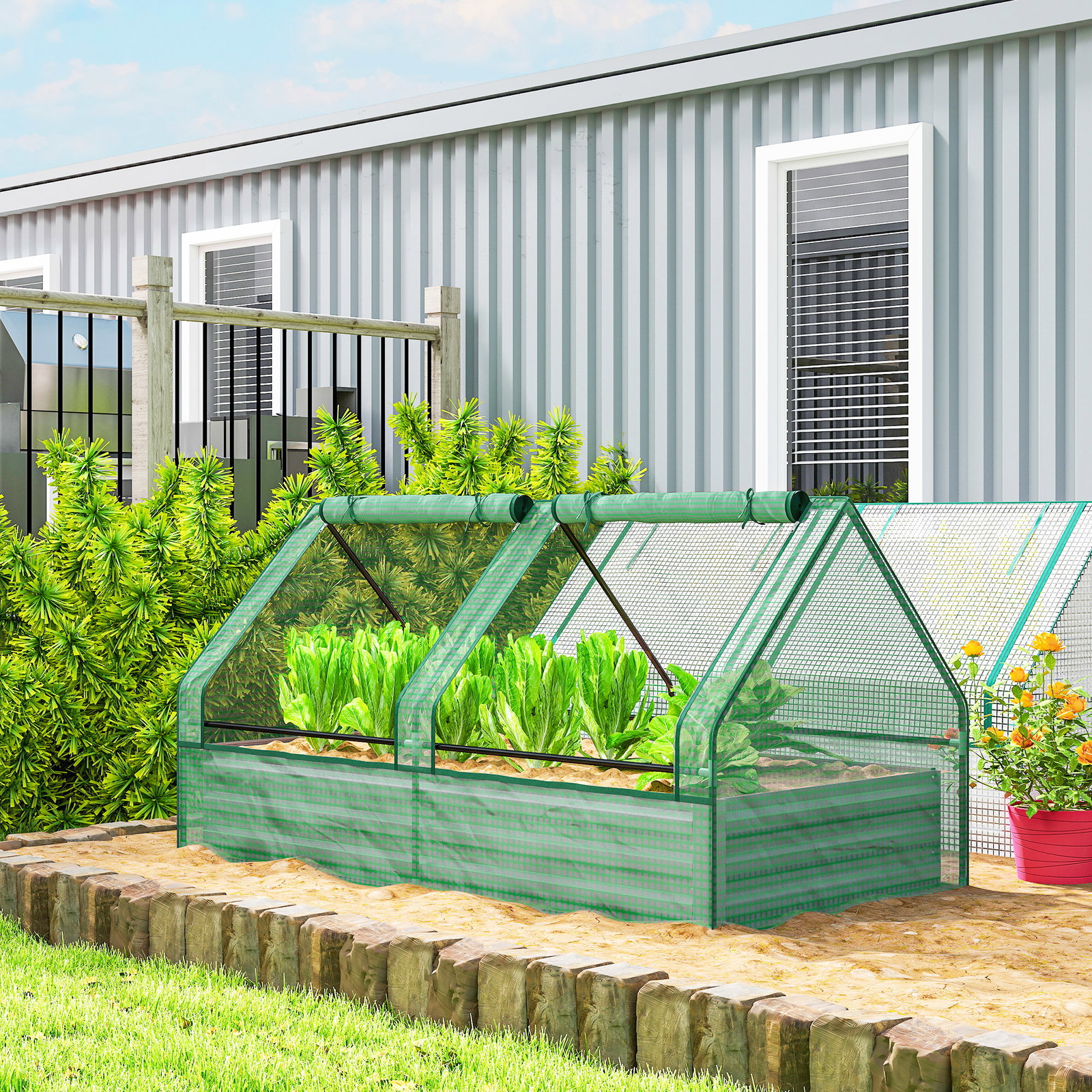 Floreira exterior grande com mini estufa com base aberta para jardim terraço varanda 185x95x92 cm cinzento e verde