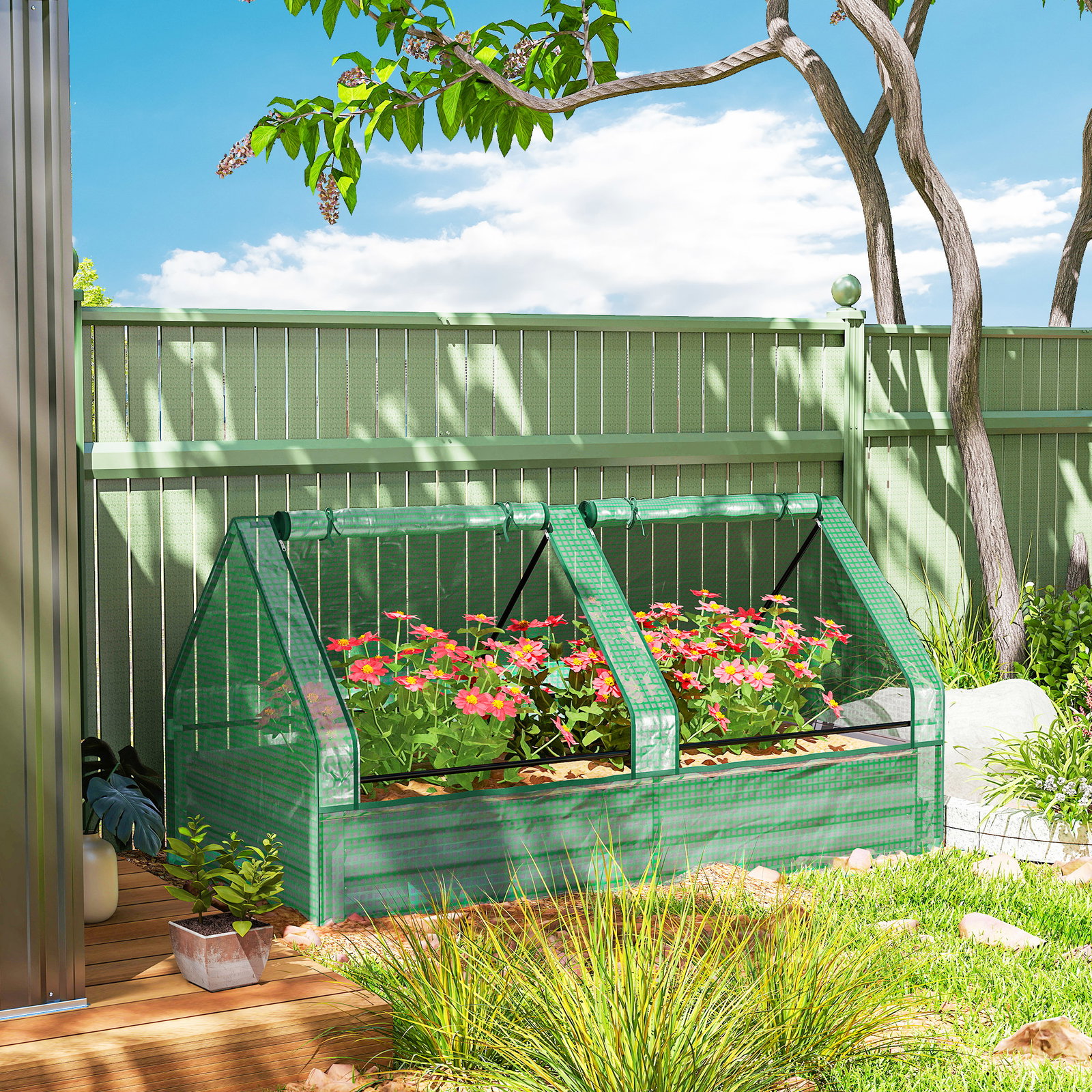 Floreira exterior grande com mini estufa com base aberta para jardim terraço varanda 185x95x92 cm cinzento e verde