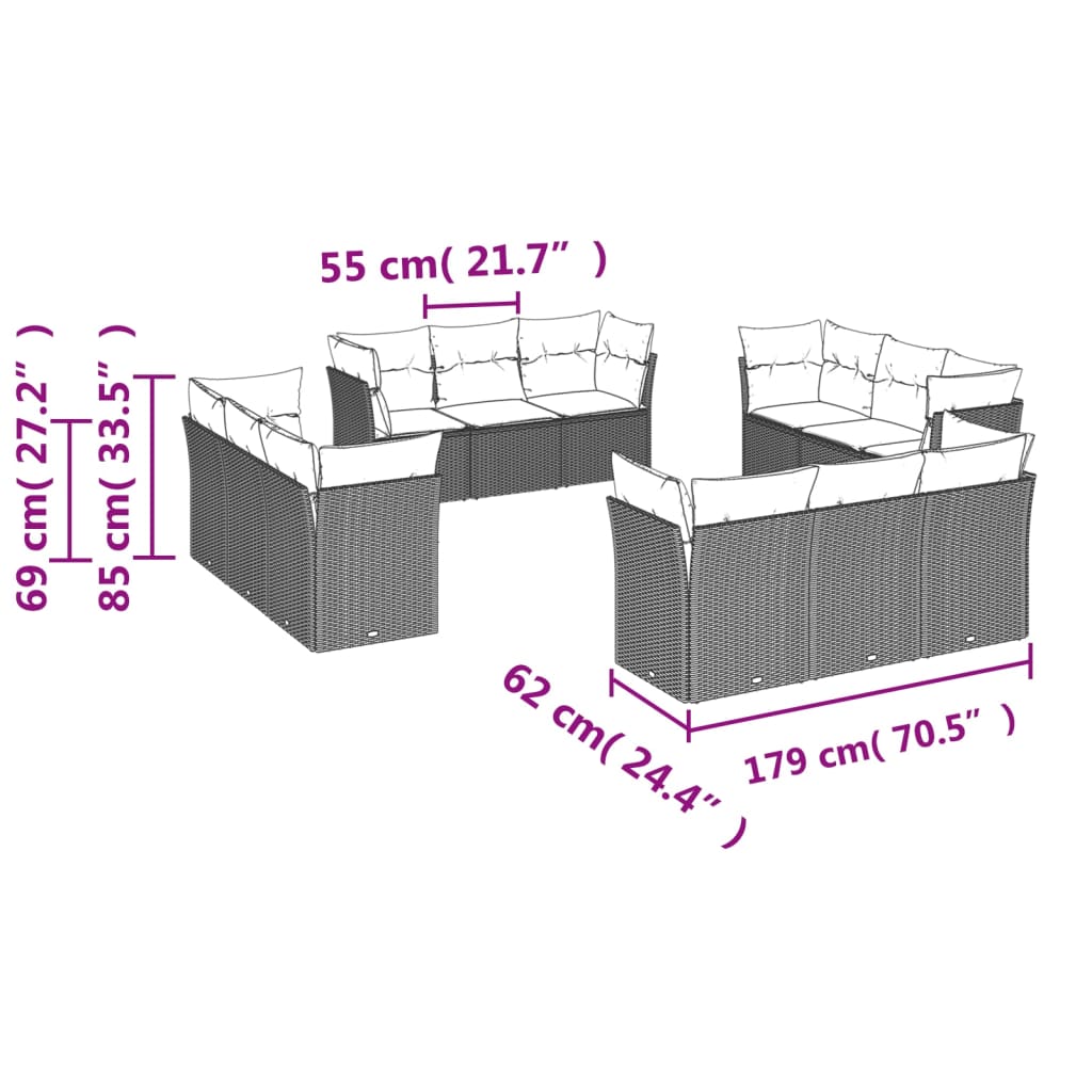 12 Pcs conj. sofás jardim com almofadões vime PE cinzento-claro