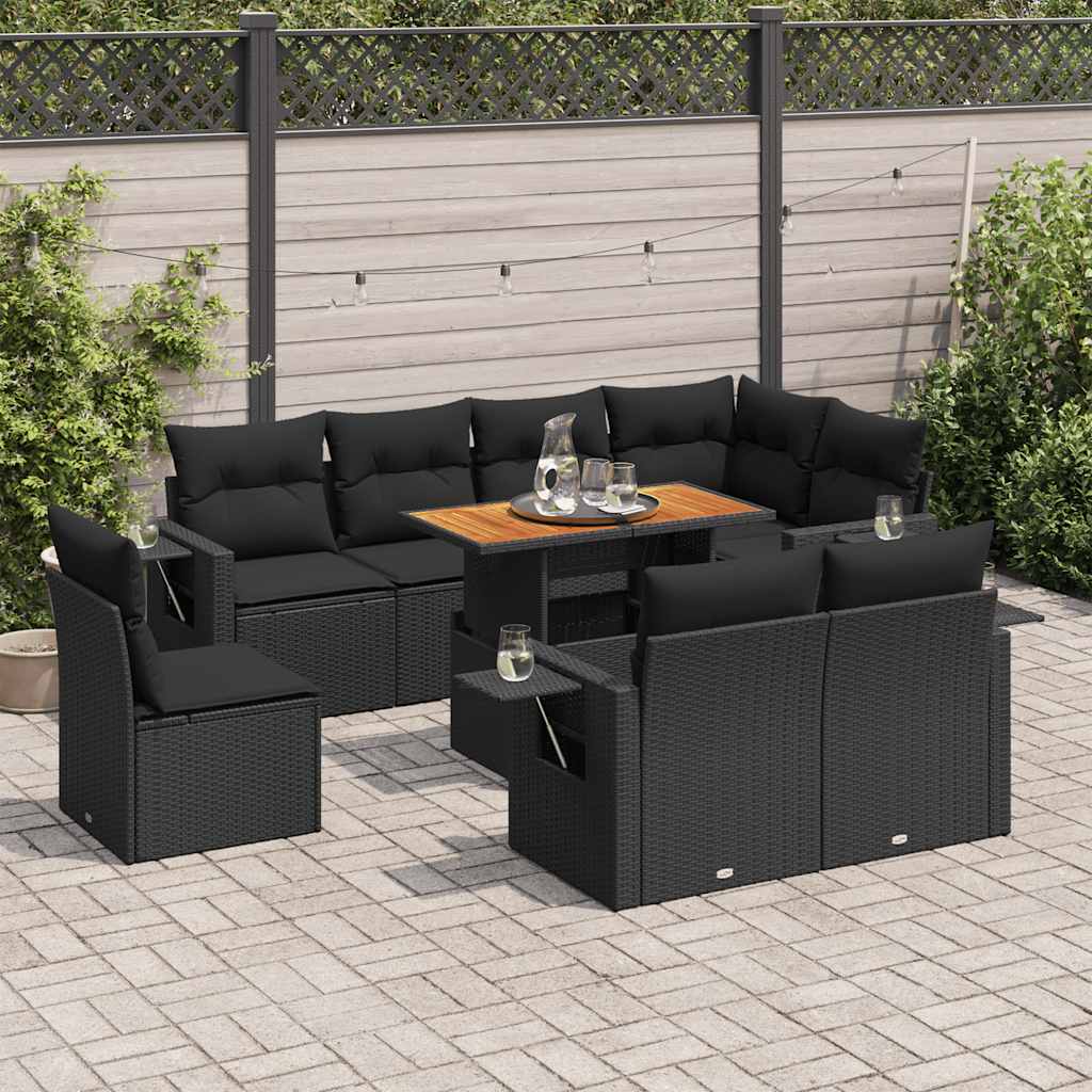 9 Pcs conjunto de sofás p/ jardim c/ almofadões vime PE preto