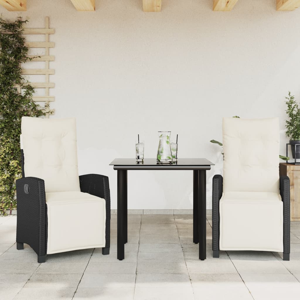 3 Pcs conjunto de jantar p/ jardim c/ almofadões vime PE preto