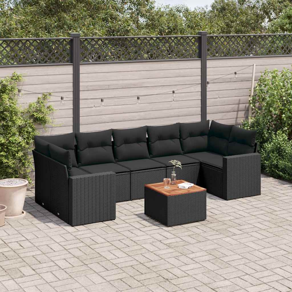 8 Pcs conjunto sofás de jardim com almofadões vime PE preto