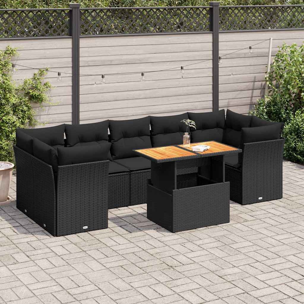 8 Pcs conjunto sofás de jardim com almofadões vime PE preto