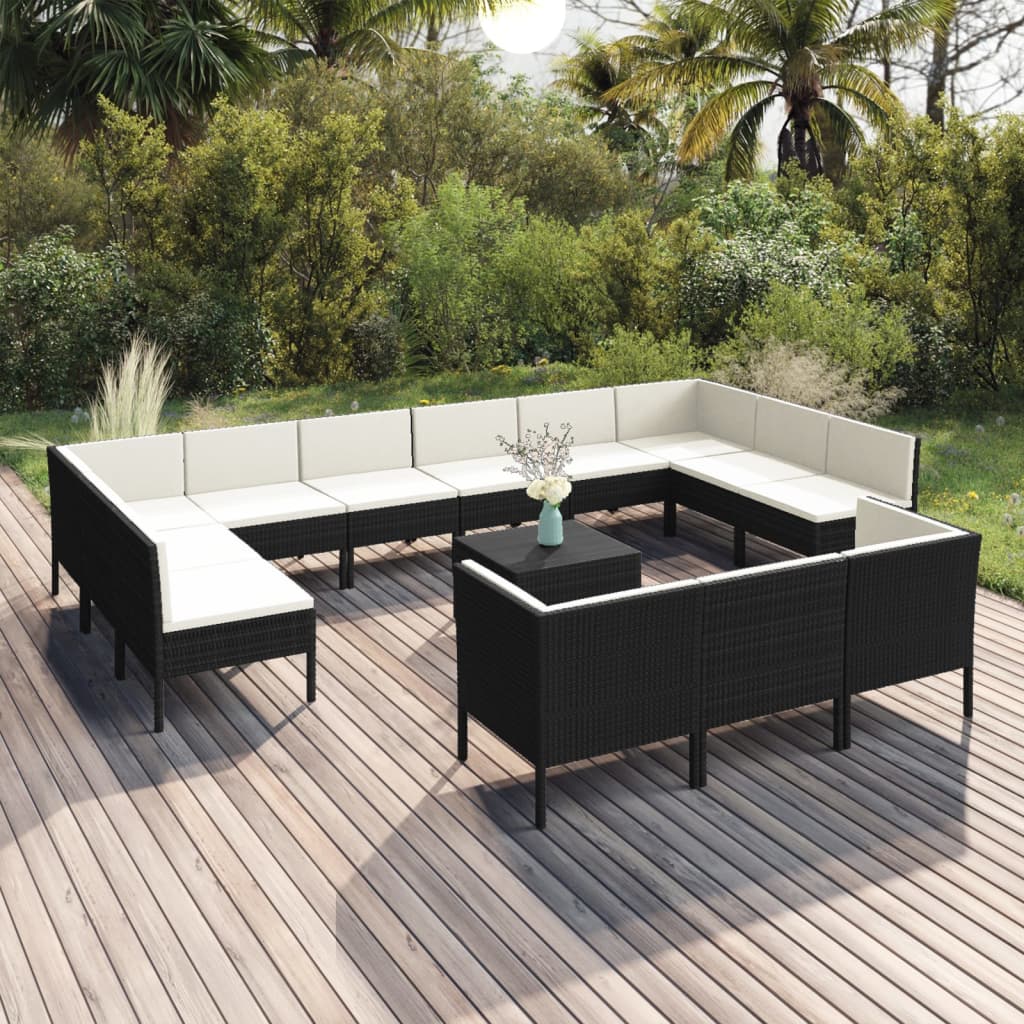 14 Pcs conjunto lounge de jardim c/ almofadões vime PE preto