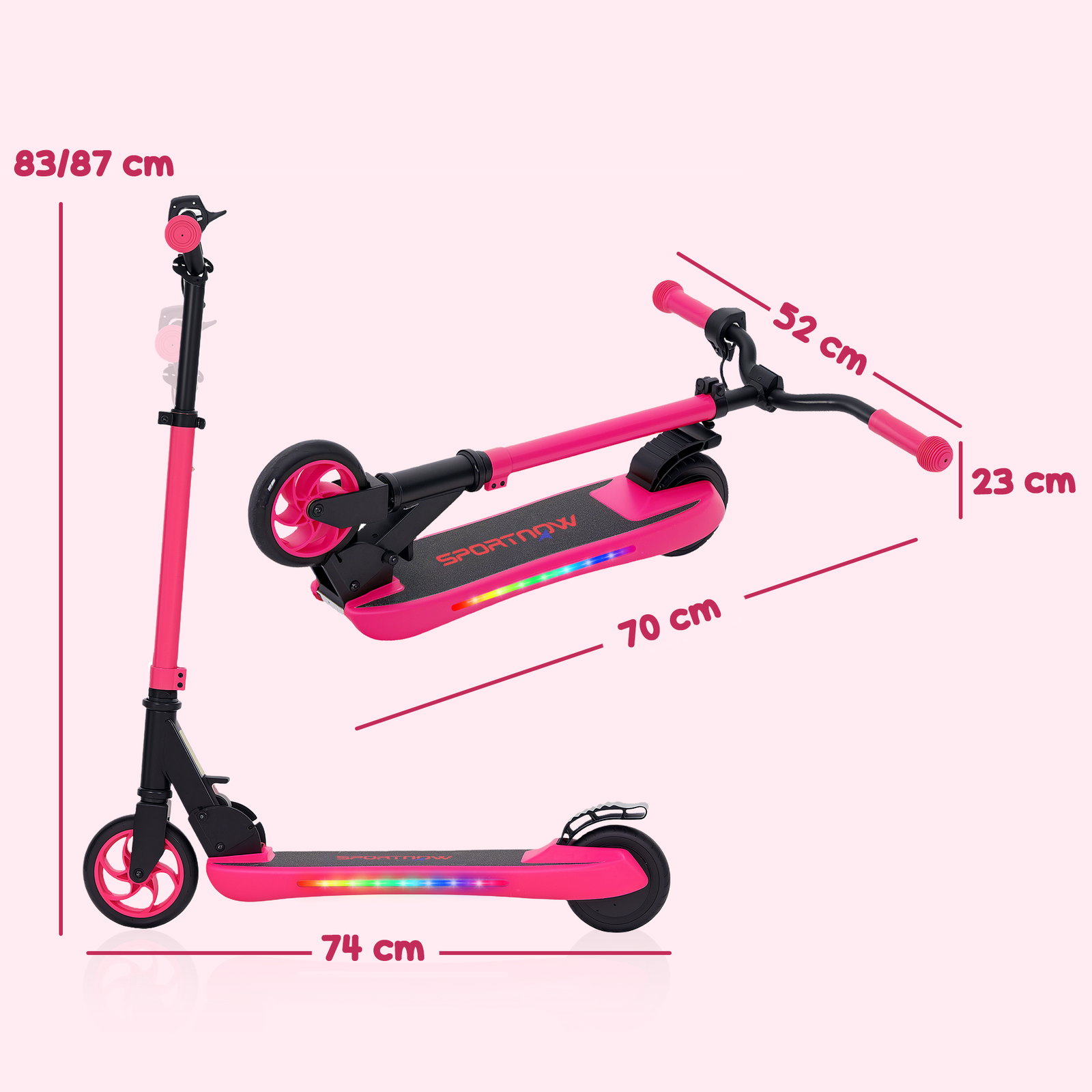 Trotinete elétrica dobrável para crianças 120 w autonomia 6 km e máximo 10 km/h com travão luzes LED 74x52x83-87 cm rosa