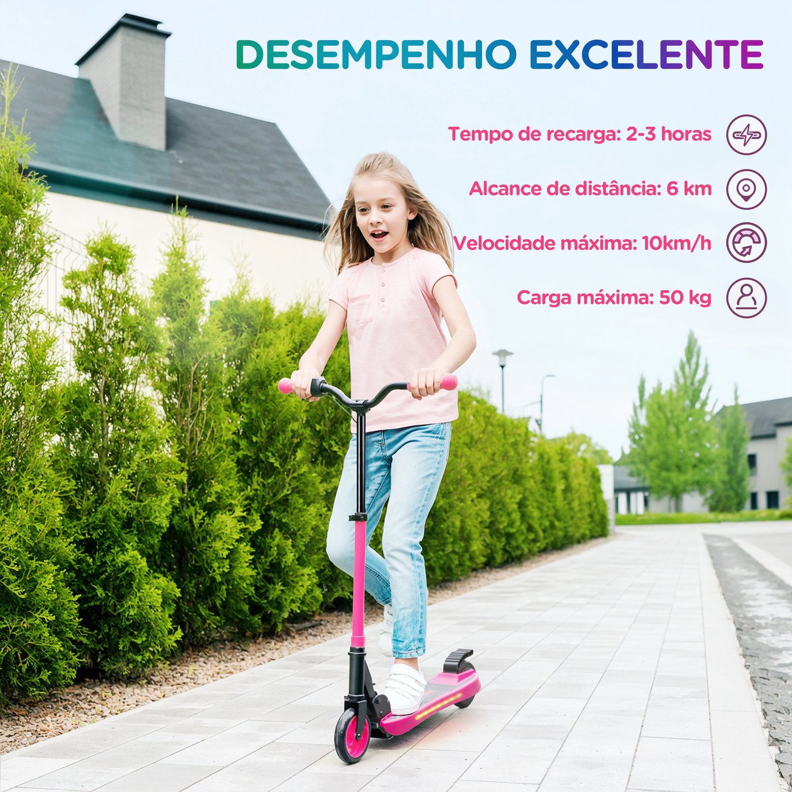 Trotinete elétrica dobrável para crianças 120 w autonomia 6 km e máximo 10 km/h com travão luzes LED 74x52x83-87 cm rosa