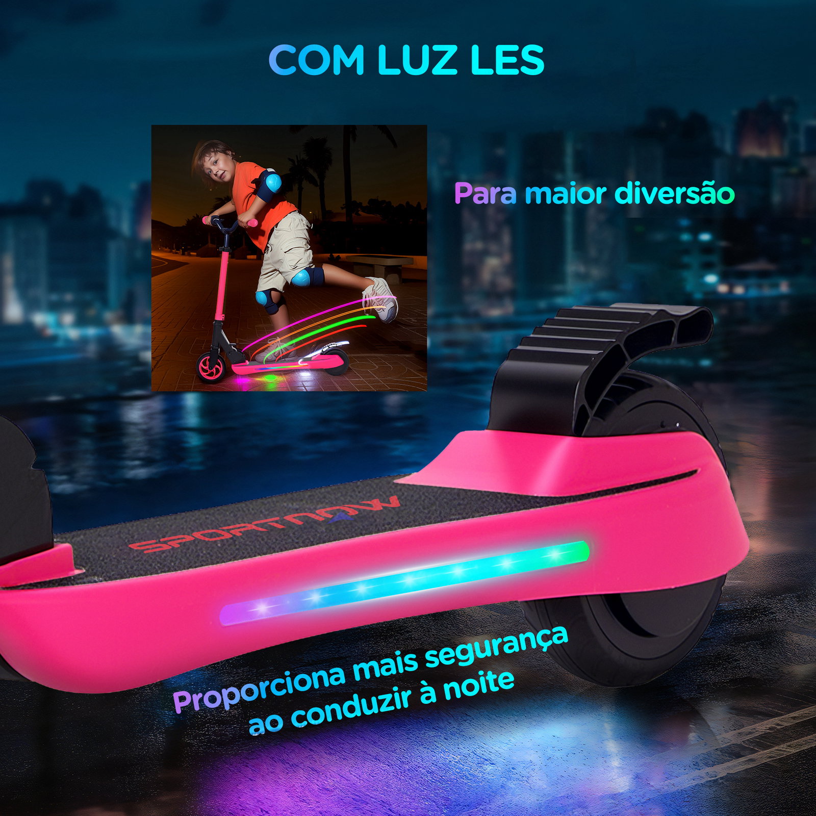 Trotinete elétrica dobrável para crianças 120 w autonomia 6 km e máximo 10 km/h com travão luzes LED 74x52x83-87 cm rosa