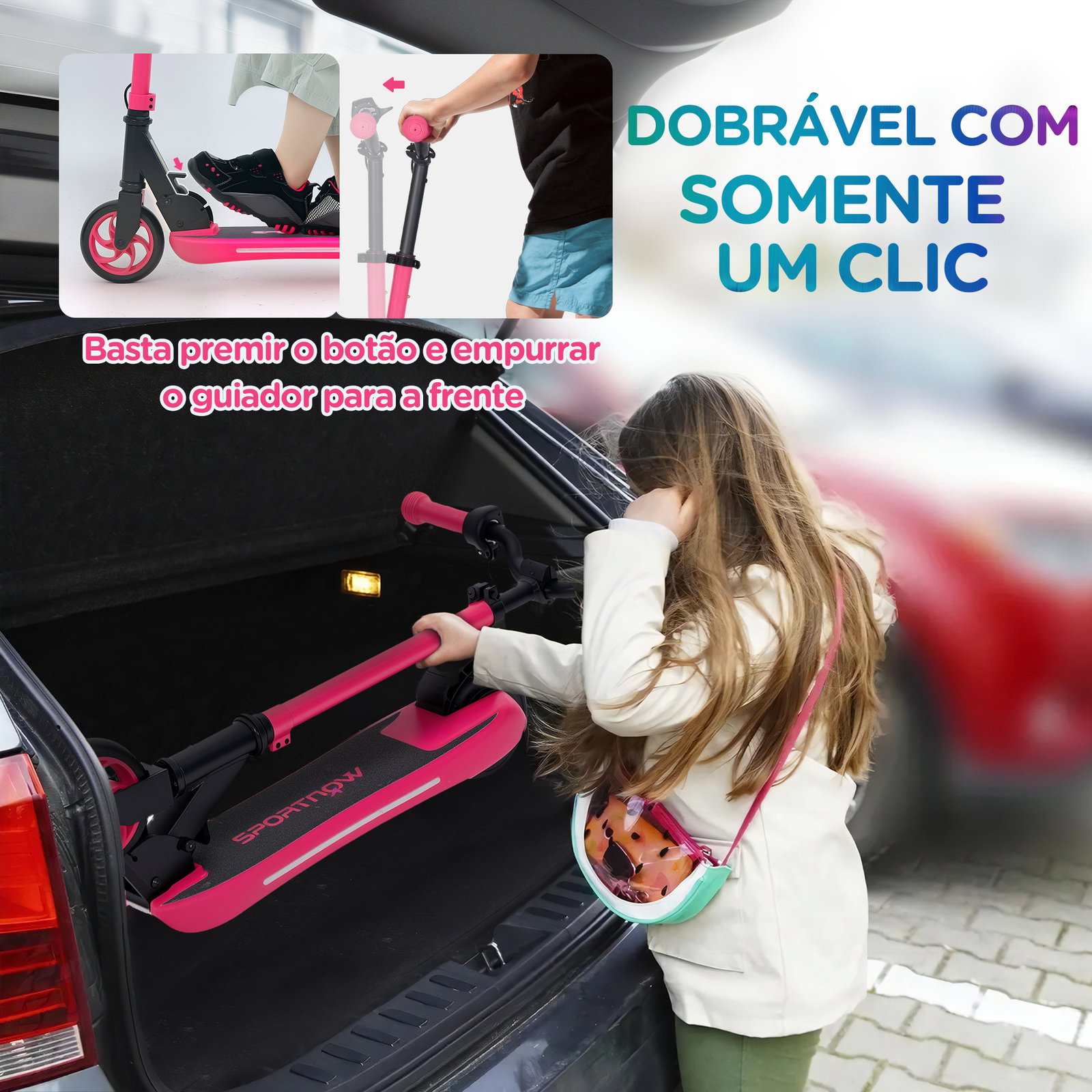 Trotinete elétrica dobrável para crianças 120 w autonomia 6 km e máximo 10 km/h com travão luzes LED 74x52x83-87 cm rosa