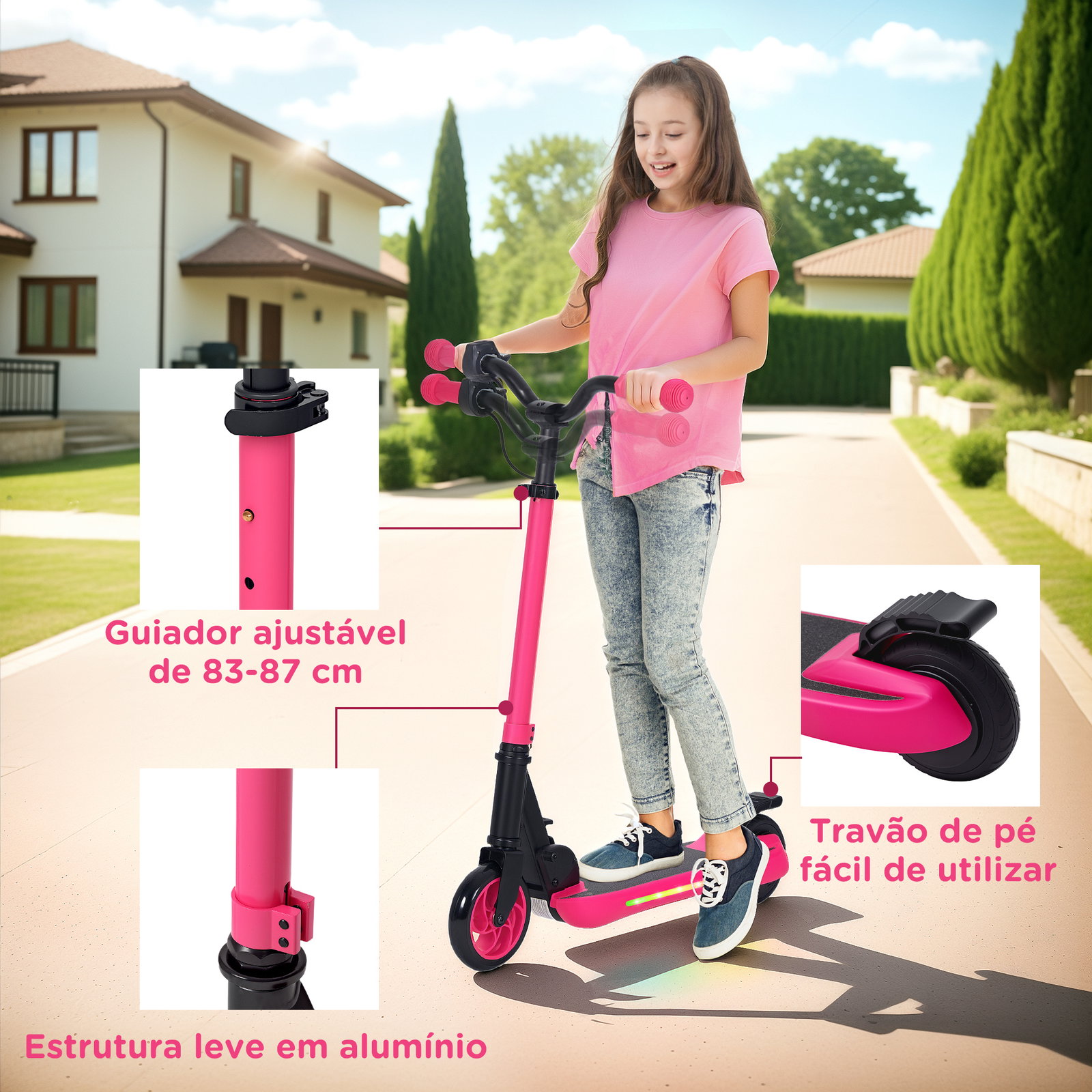 Trotinete elétrica dobrável para crianças 120 w autonomia 6 km e máximo 10 km/h com travão luzes LED 74x52x83-87 cm rosa
