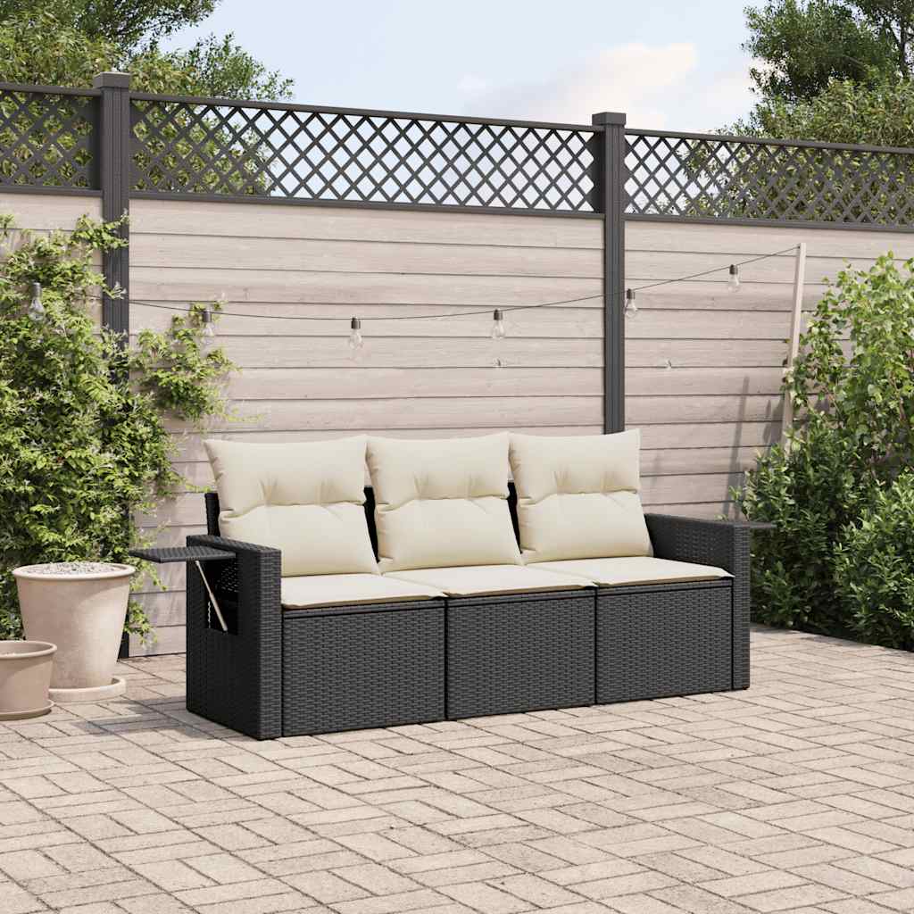 3 Pcs conjunto sofás de jardim com almofadões vime PE preto