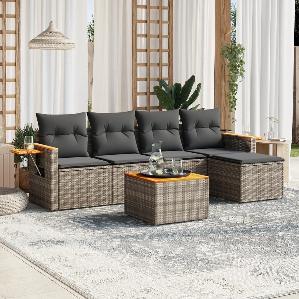 6 Pcs conjunto sofás de jardim com almofadões vime cinzento