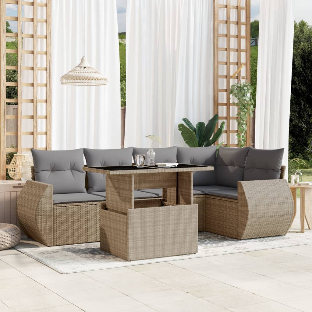 6 Pcs conjunto de sofás p/ jardim com almofadões vime PE bege