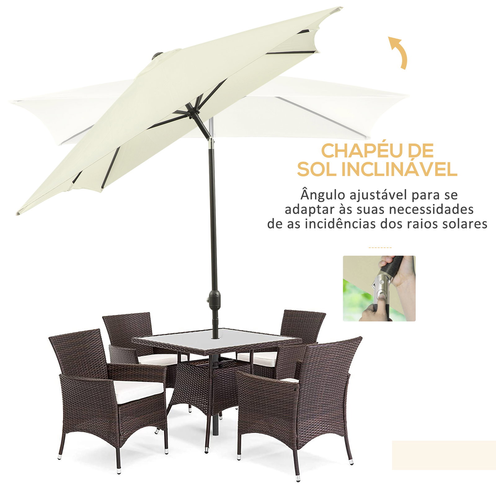 Chapéu de sol alumínio retangular com toldo inclinável, manivela e mastro desmontável 198x294x255 cm creme