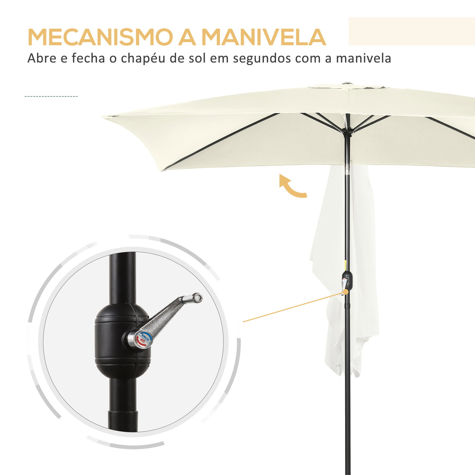 Chapéu de sol alumínio retangular com toldo inclinável, manivela e mastro desmontável 198x294x255 cm creme