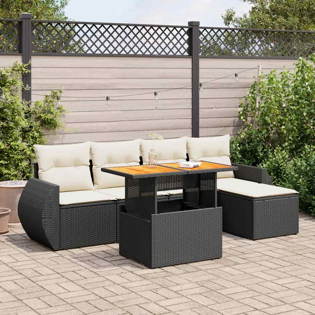 6 Pcs conjunto sofás de jardim c/ almofadões vime PE preto