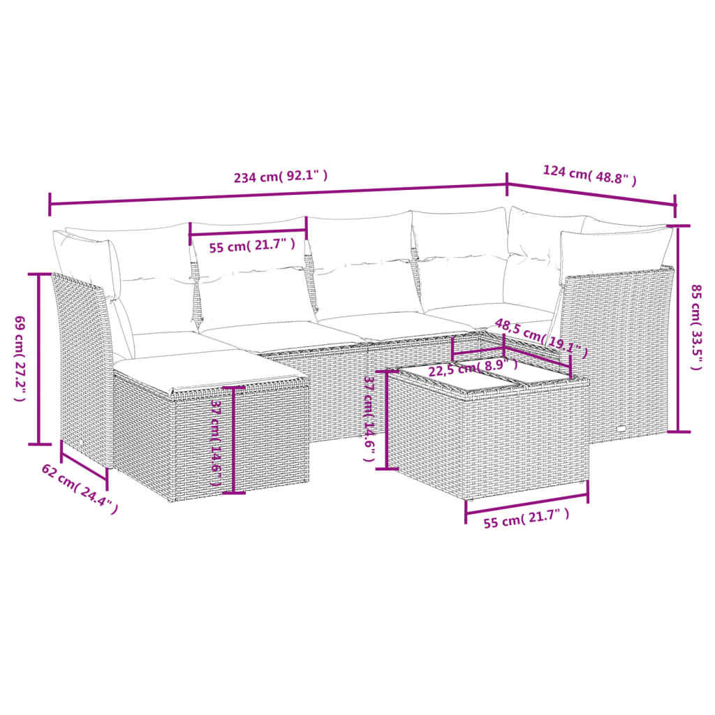 7 Pcs conjunto de sofás p/ jardim com almofadões vime PE bege