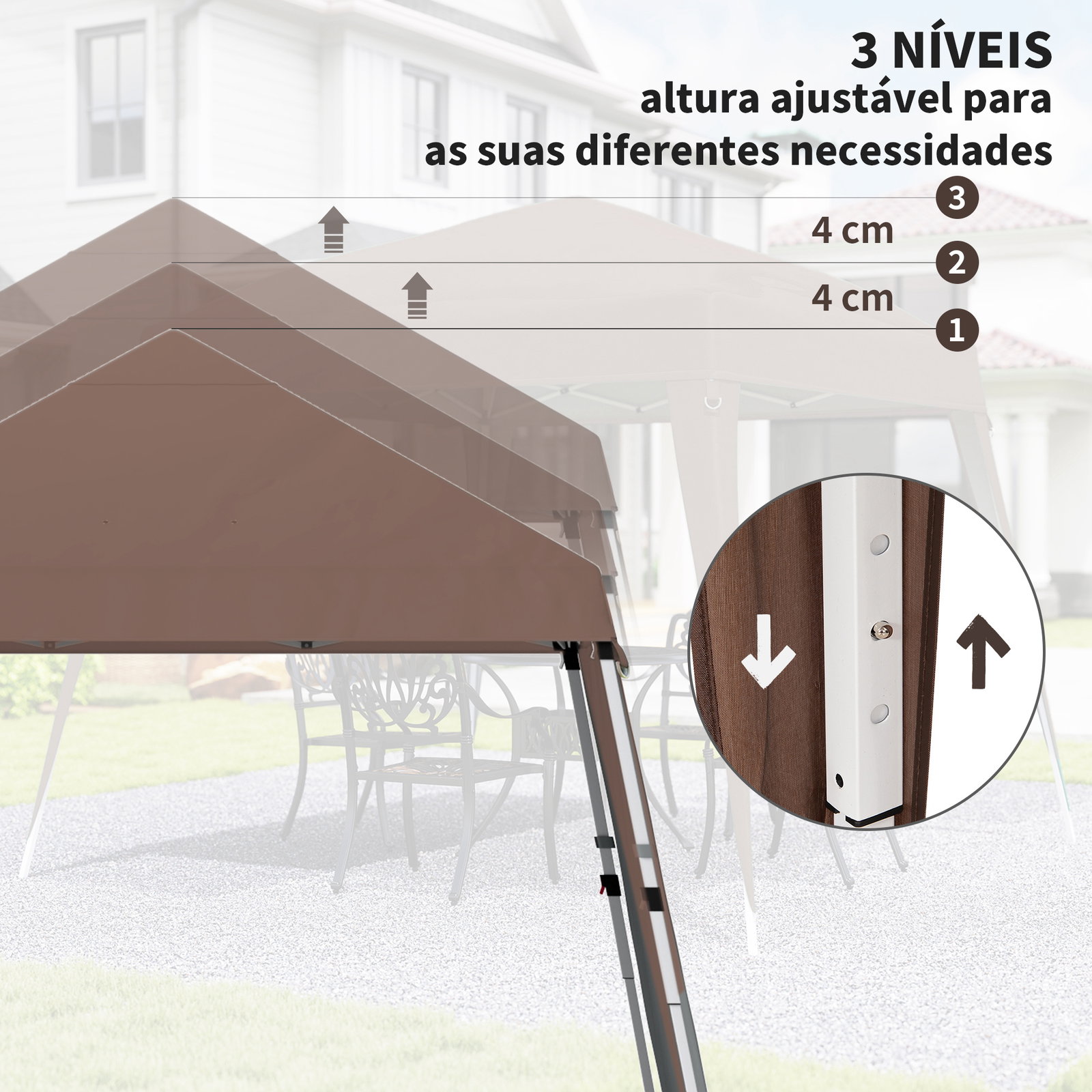 Tenda dobrável 3x3 m tenda pop-up de jardim altura ajustável com saco de transporte anti-UV impermeável castanho