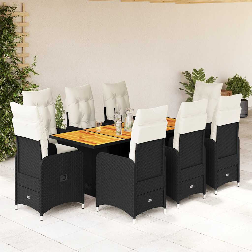 9 Pcs conjunto de bistrô p/ jardim c/ almofadões vime PE preto