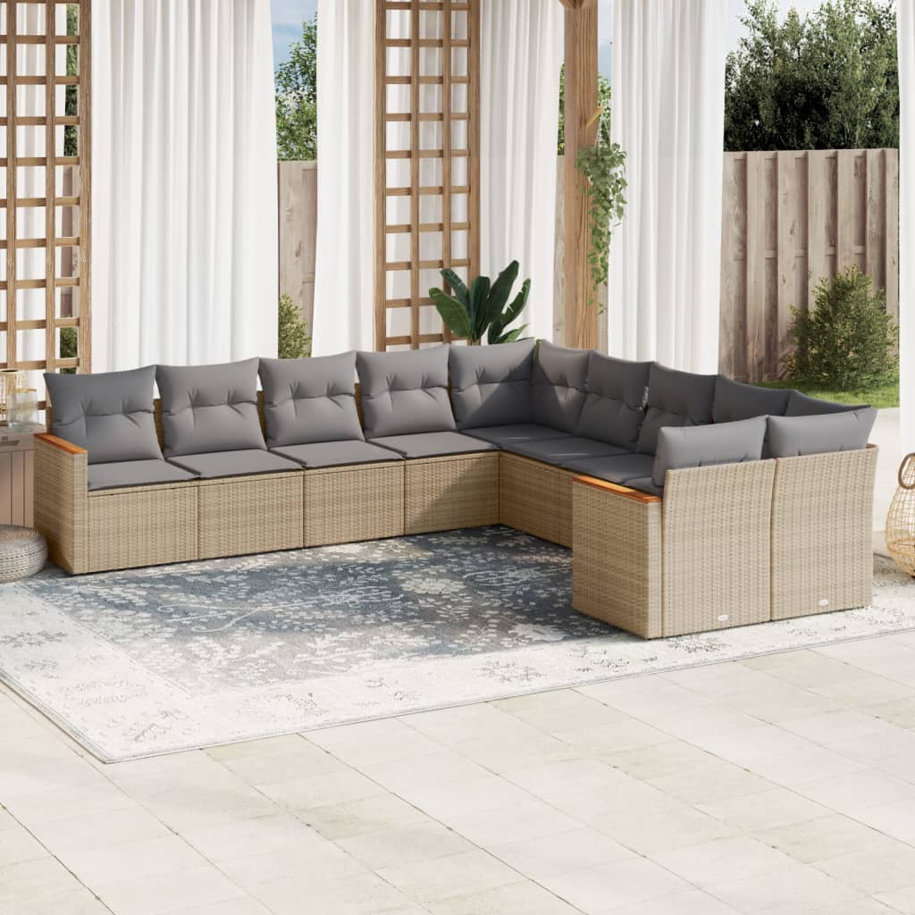 10 Pcs conjunto de sofás p/ jardim com almofadões vime PE bege