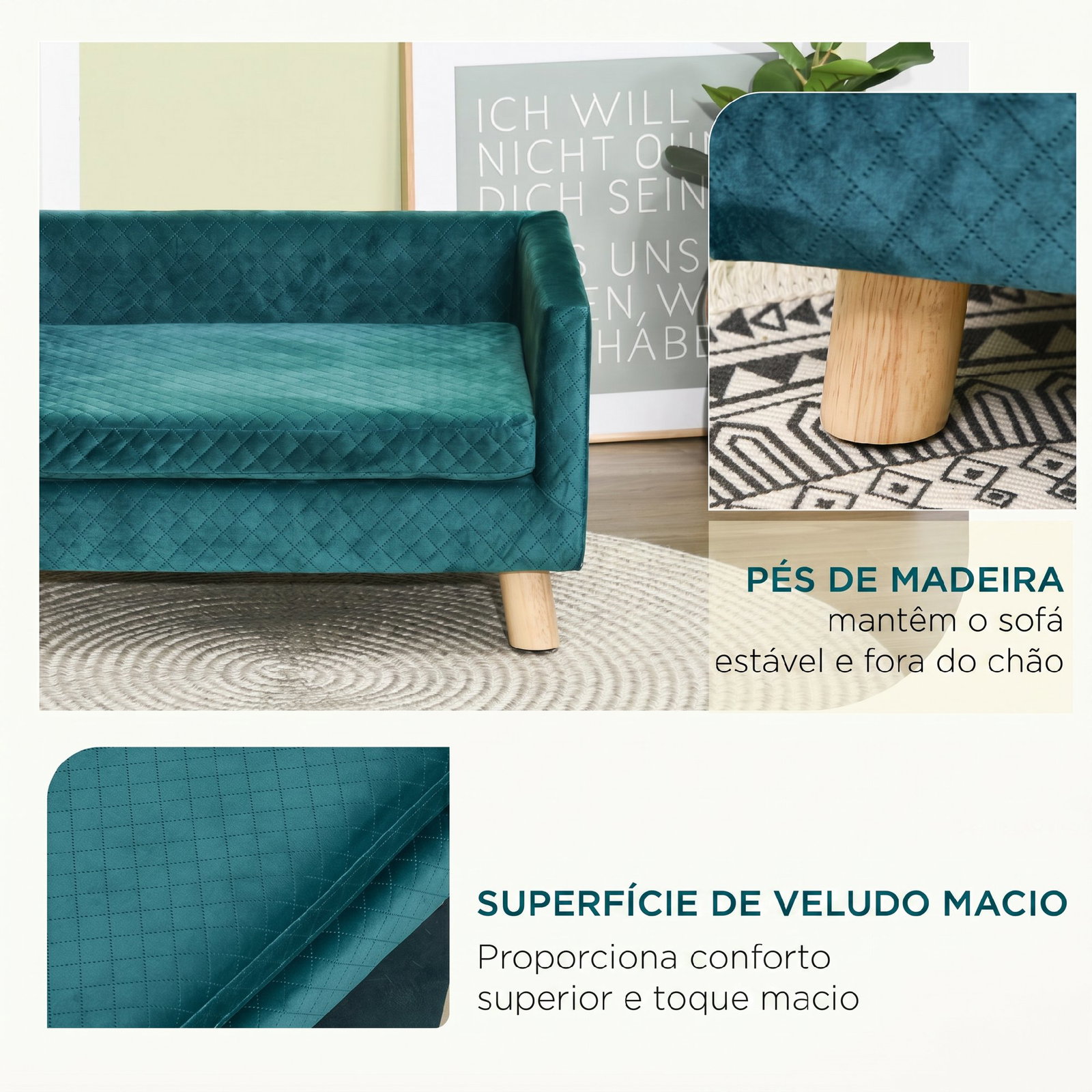 Sofá para cães pequenos 64 x 45 x 36 cm em veludo com almofada lavável e pés em madeira de bétula azul esverdeado