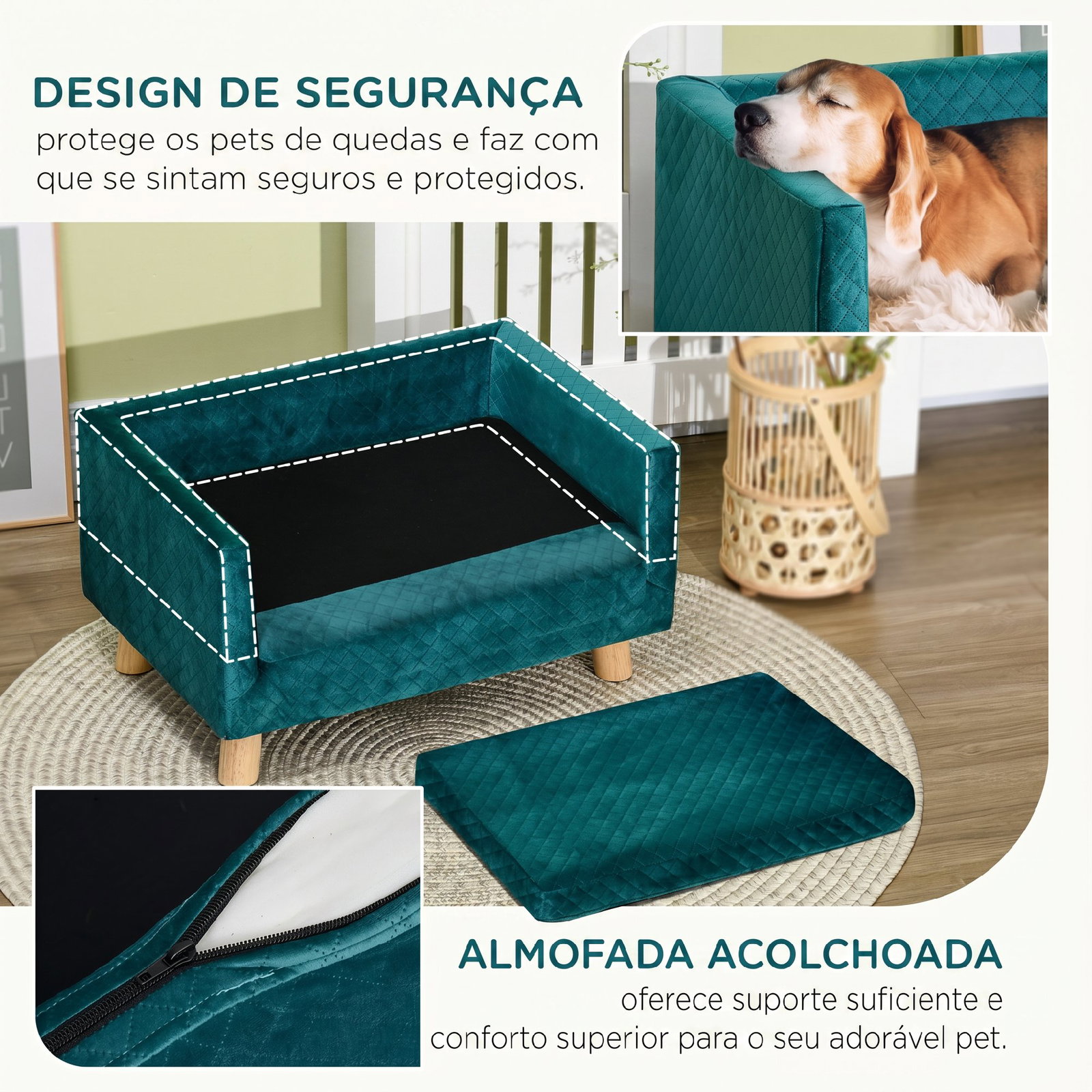 Sofá para cães pequenos 64 x 45 x 36 cm em veludo com almofada lavável e pés em madeira de bétula azul esverdeado