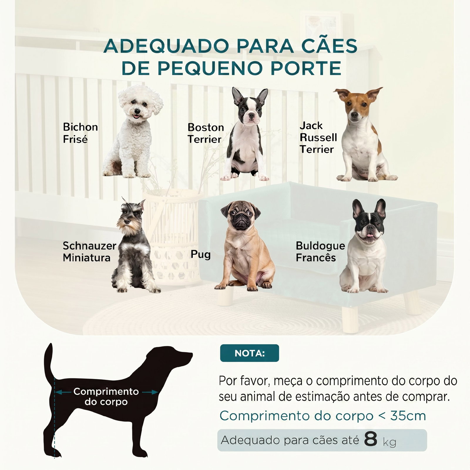 Sofá para cães pequenos 64 x 45 x 36 cm em veludo com almofada lavável e pés em madeira de bétula azul esverdeado