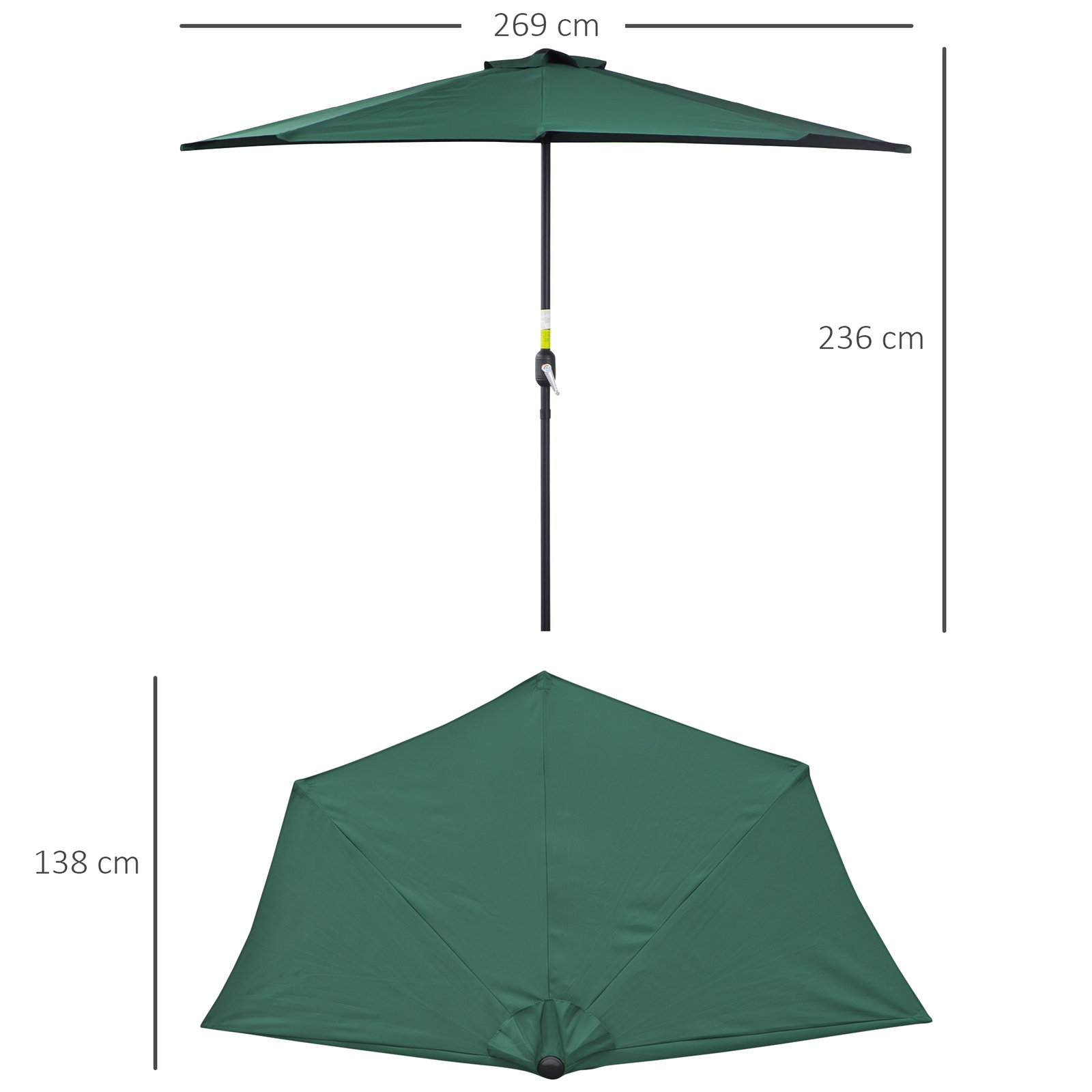 Chapéu de sol semicircular 269x138x236cm chapéu de sol à manivela para jardim terraço pátio piscina verde