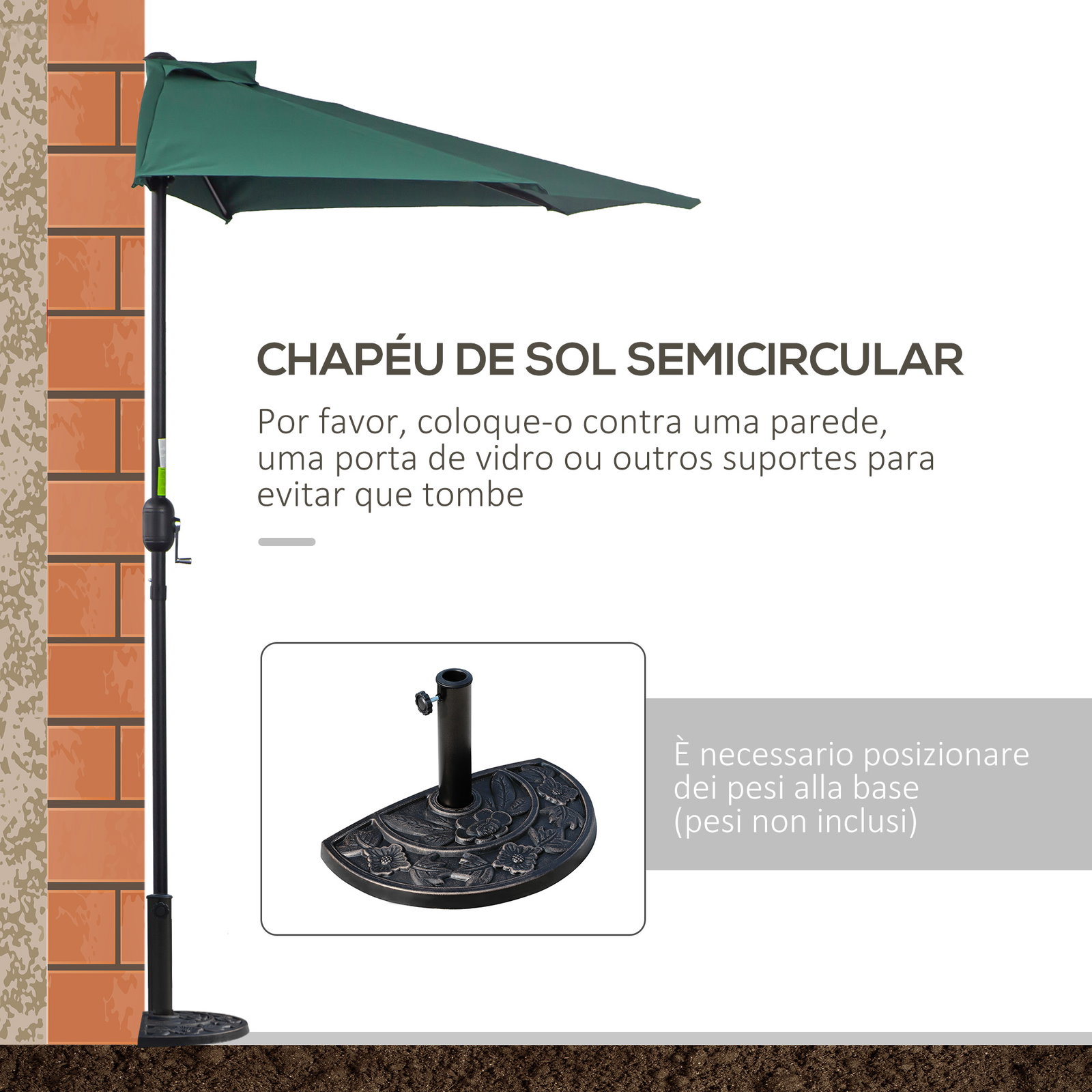 Chapéu de sol semicircular 269x138x236cm chapéu de sol à manivela para jardim terraço pátio piscina verde