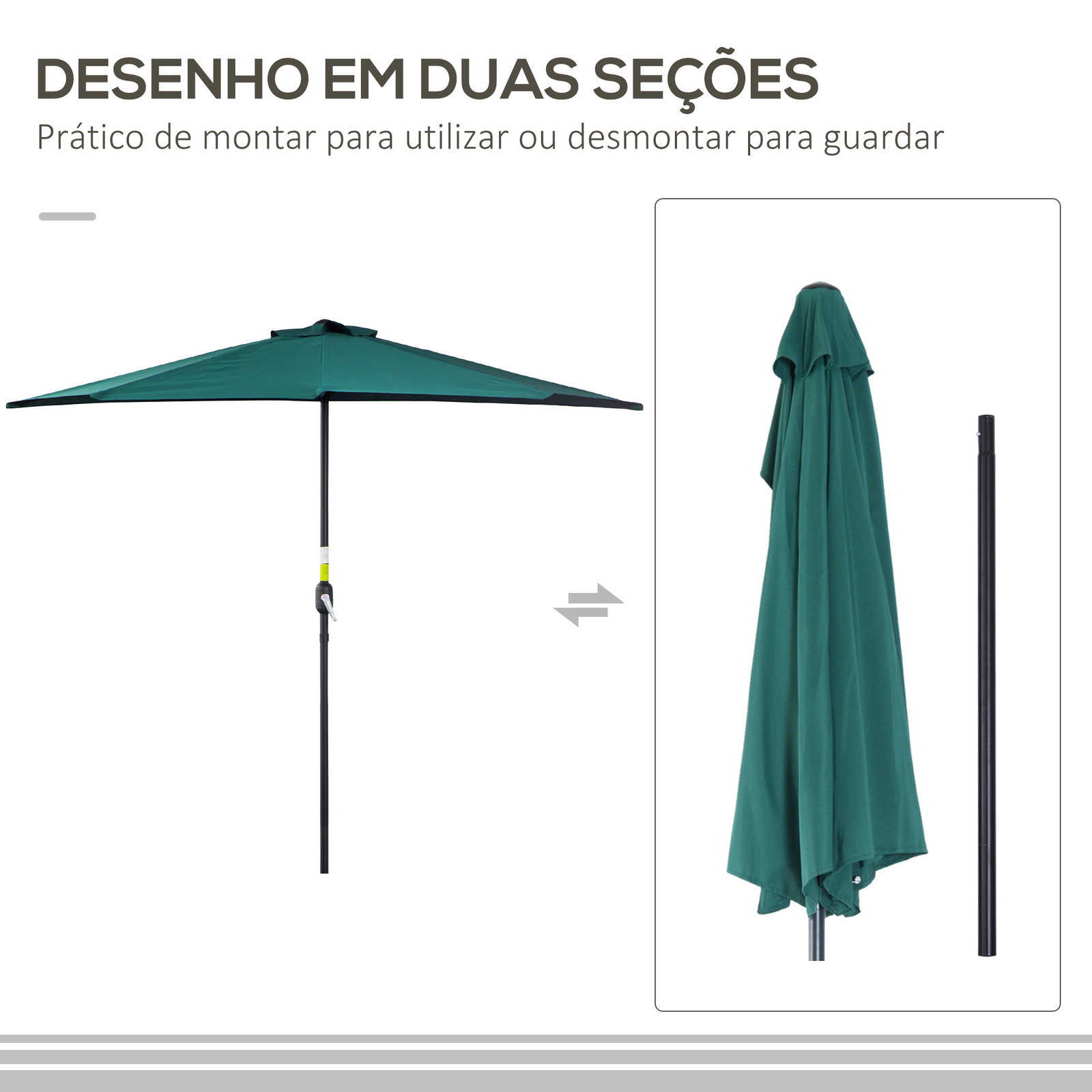 Chapéu de sol semicircular 269x138x236cm chapéu de sol à manivela para jardim terraço pátio piscina verde