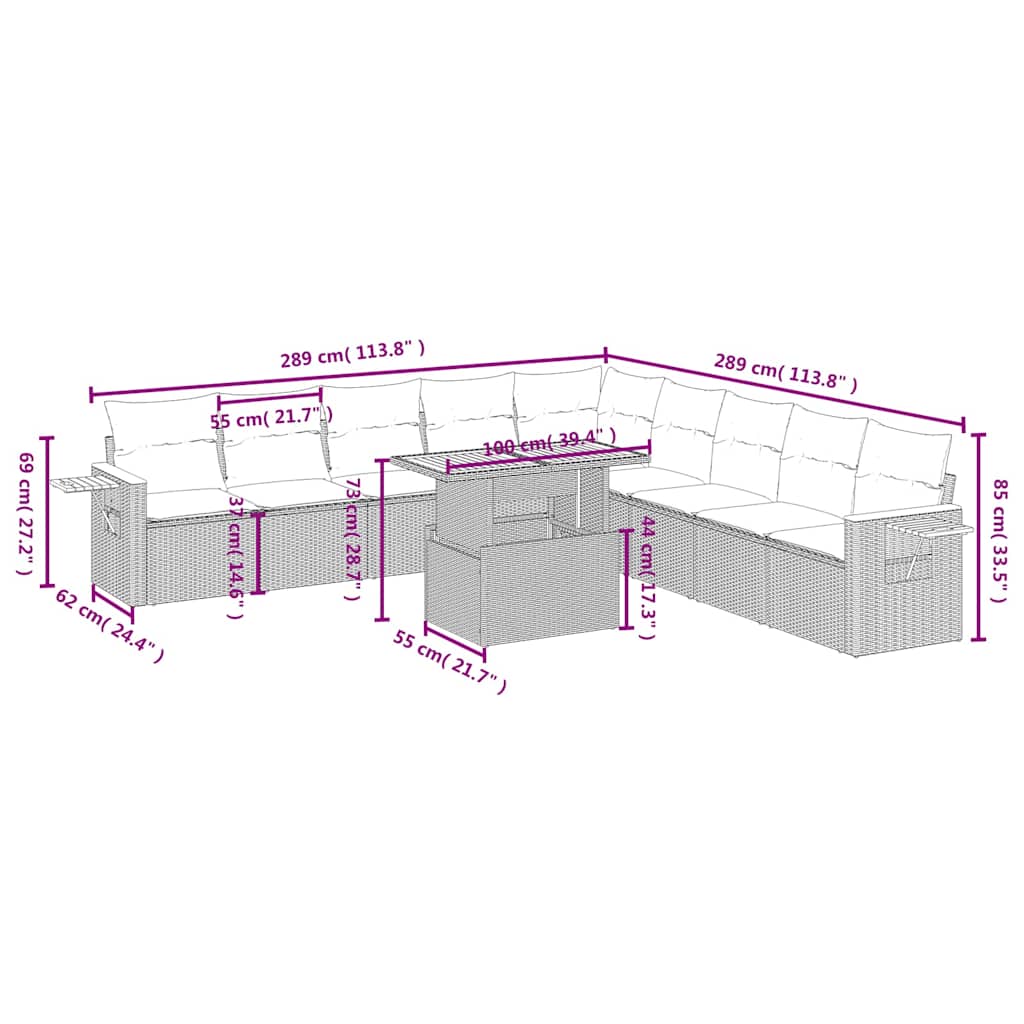 11 Pcs conjunto sofás de jardim c/ almofadões vime PE preto
