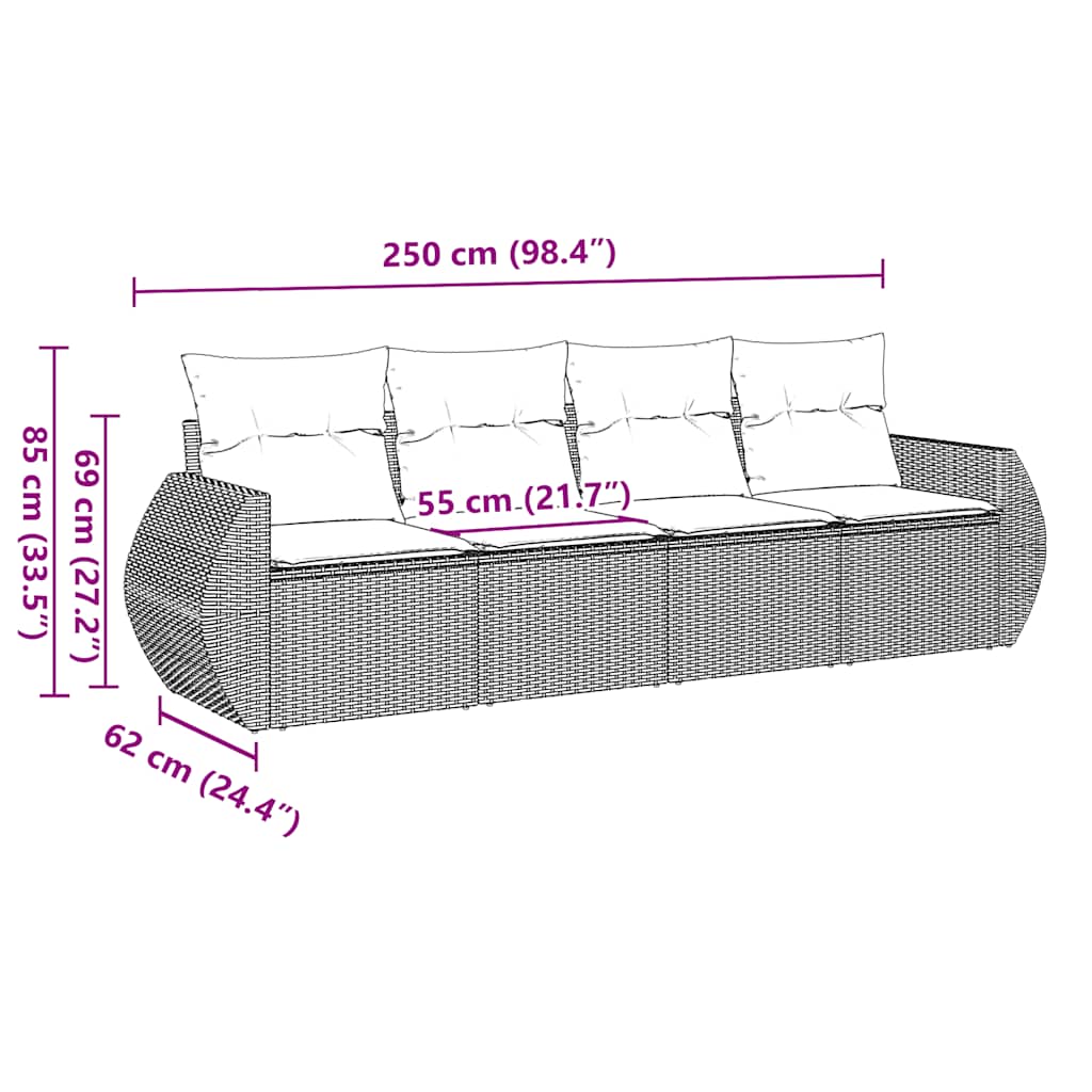 4 Pcs conjunto de sofás para jardim c/ almofadões vime PE preto
