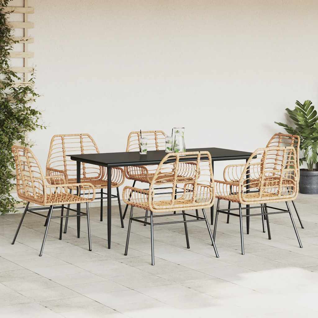 Conjunto jantar jardim 7 peças vidro vime PE castanho