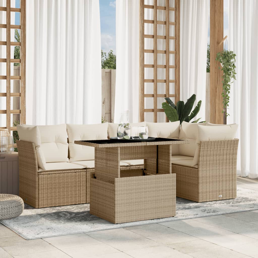 6 Pcs conjunto de sofás p/ jardim com almofadões vime PE bege
