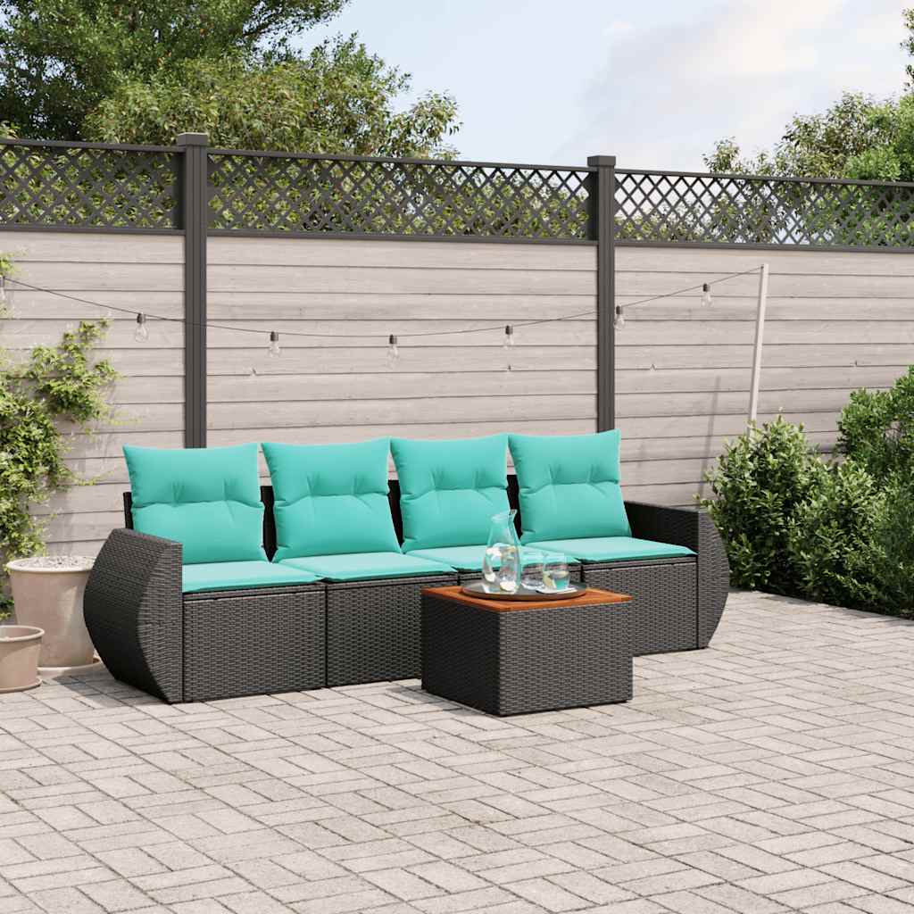 Conjunto de sofá de jardim de 5 peças com almofadas em rattan sintético preto