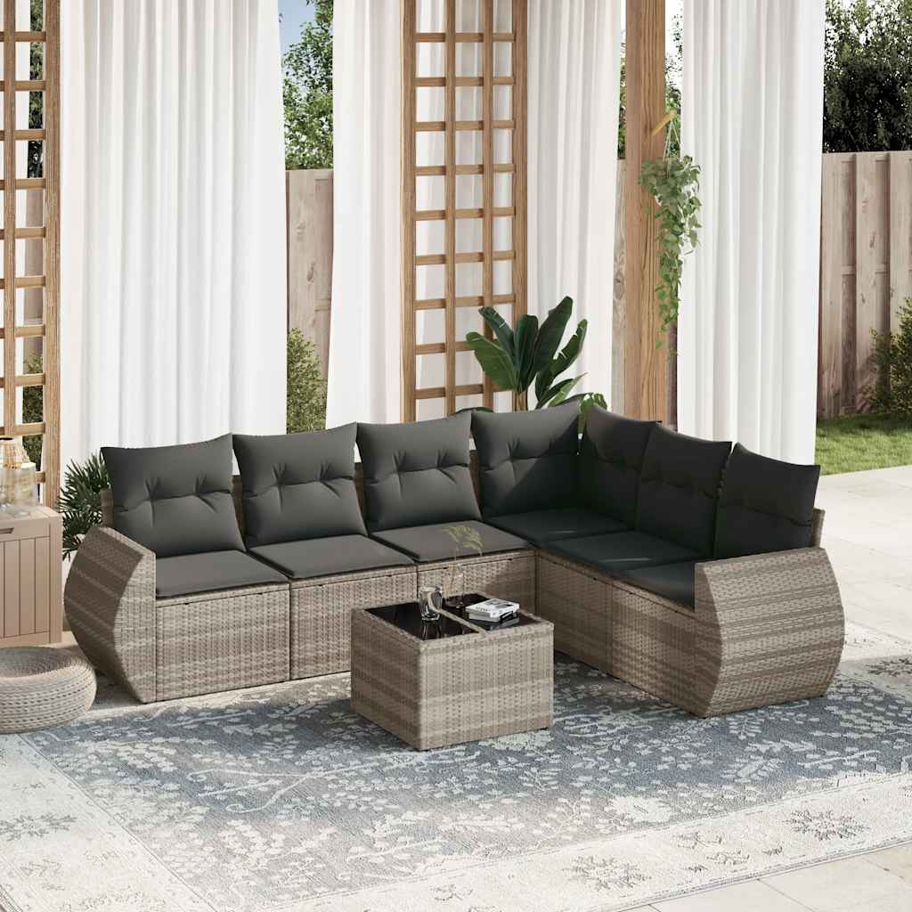 7 Pcs conj. sofás jardim com almofadões vime PE cinzento-claro