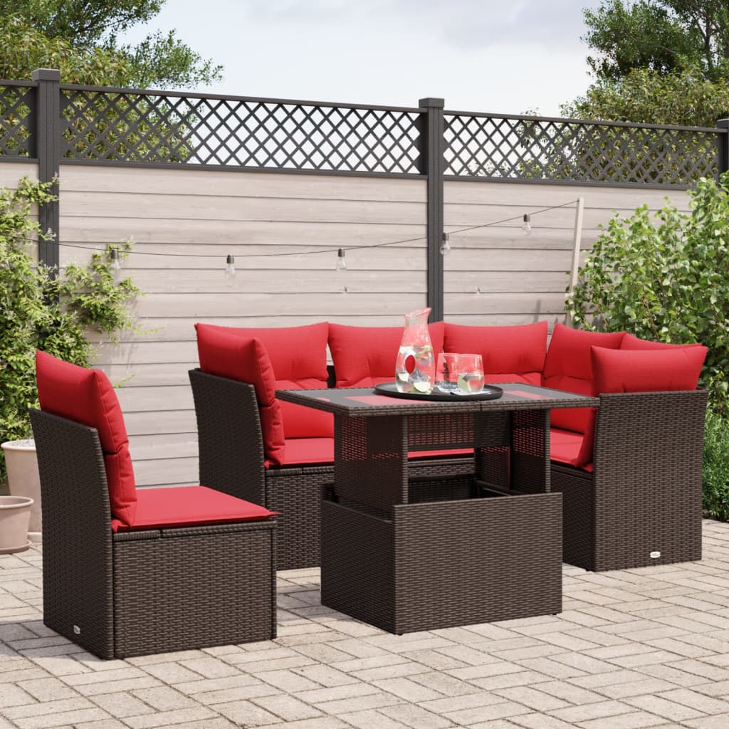 Conjunto de sofá de jardim com 6 peças e almofadas em rattan sintético marrom