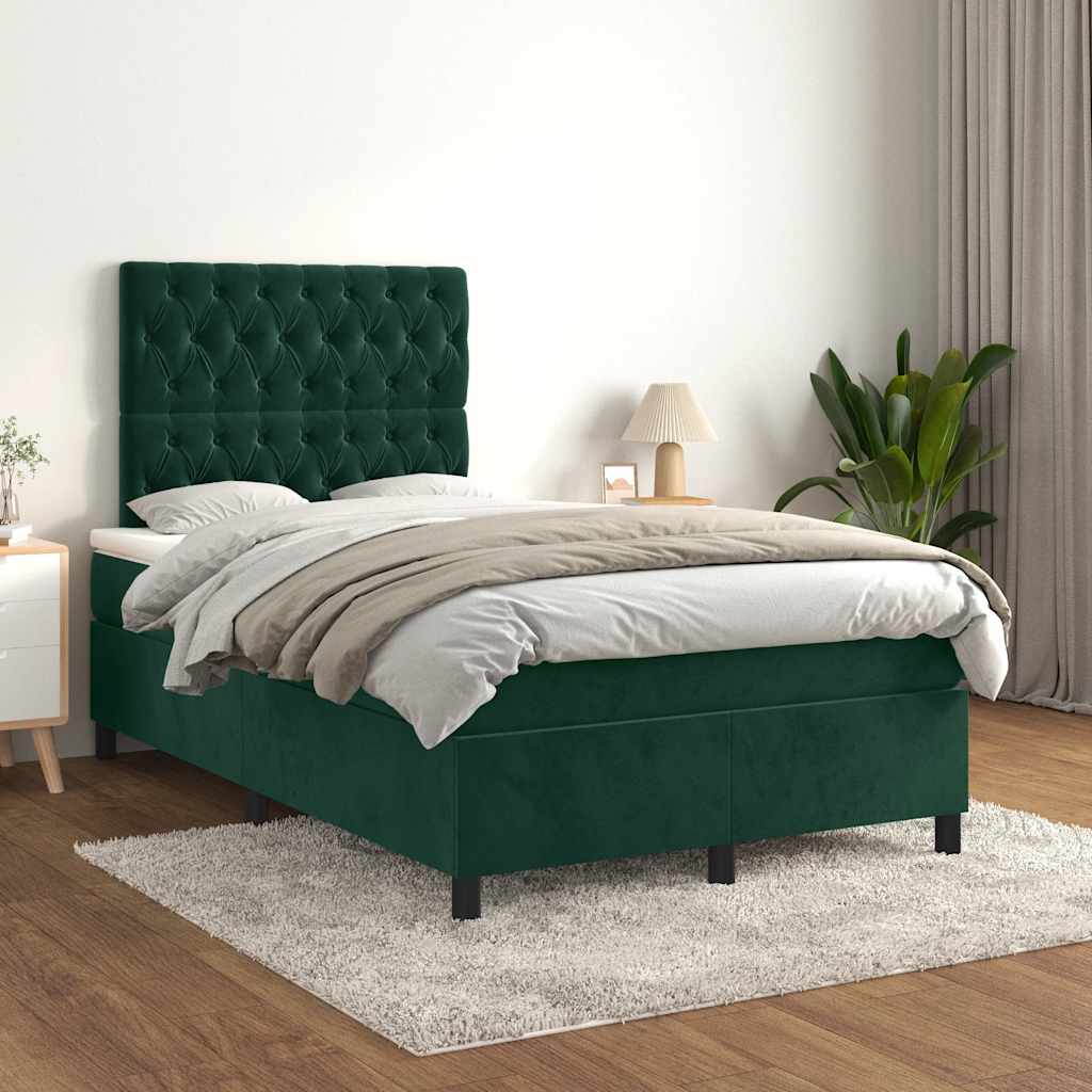 Cama boxspring com colchão 120x200 cm veludo verde-escuro