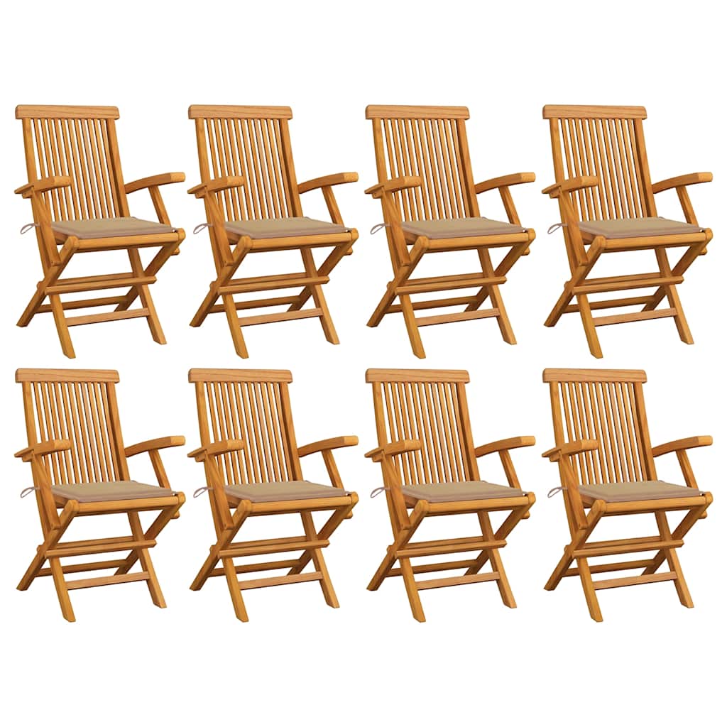 Cadeiras de jardim c/ almofadões beges 8 pcs teca maciça