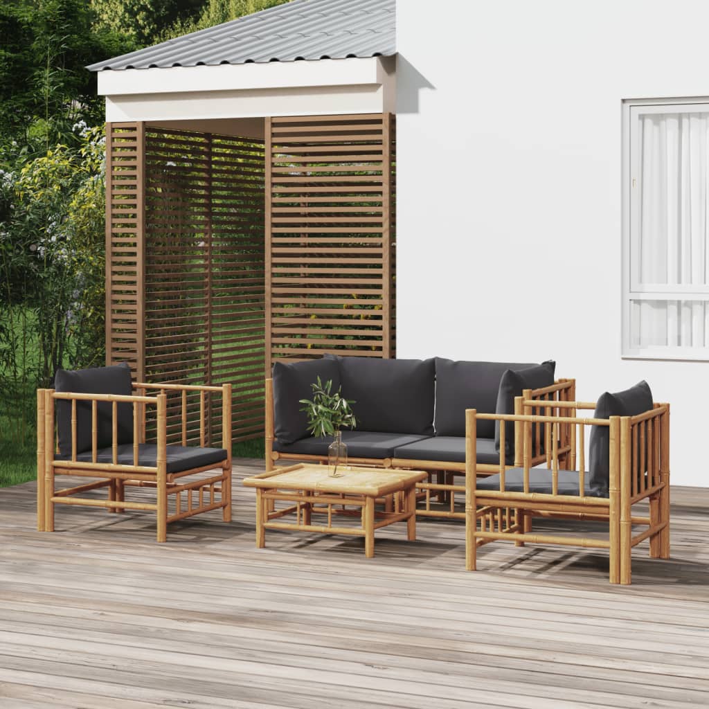5 Pcs conjunto lounge jardim bambu c/ almofadões cinza-escuro