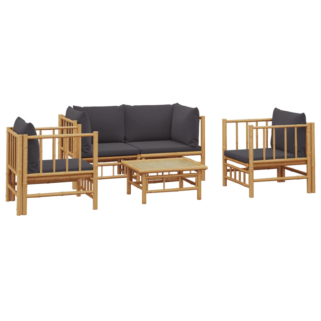 5 Pcs conjunto lounge jardim bambu c/ almofadões cinza-escuro
