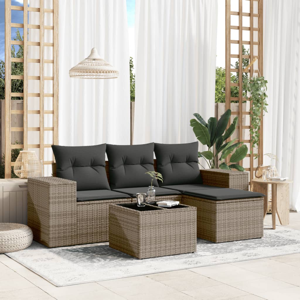 5 Pcs conjunto sofás de jardim c/ almofadões vime PE cinzento
