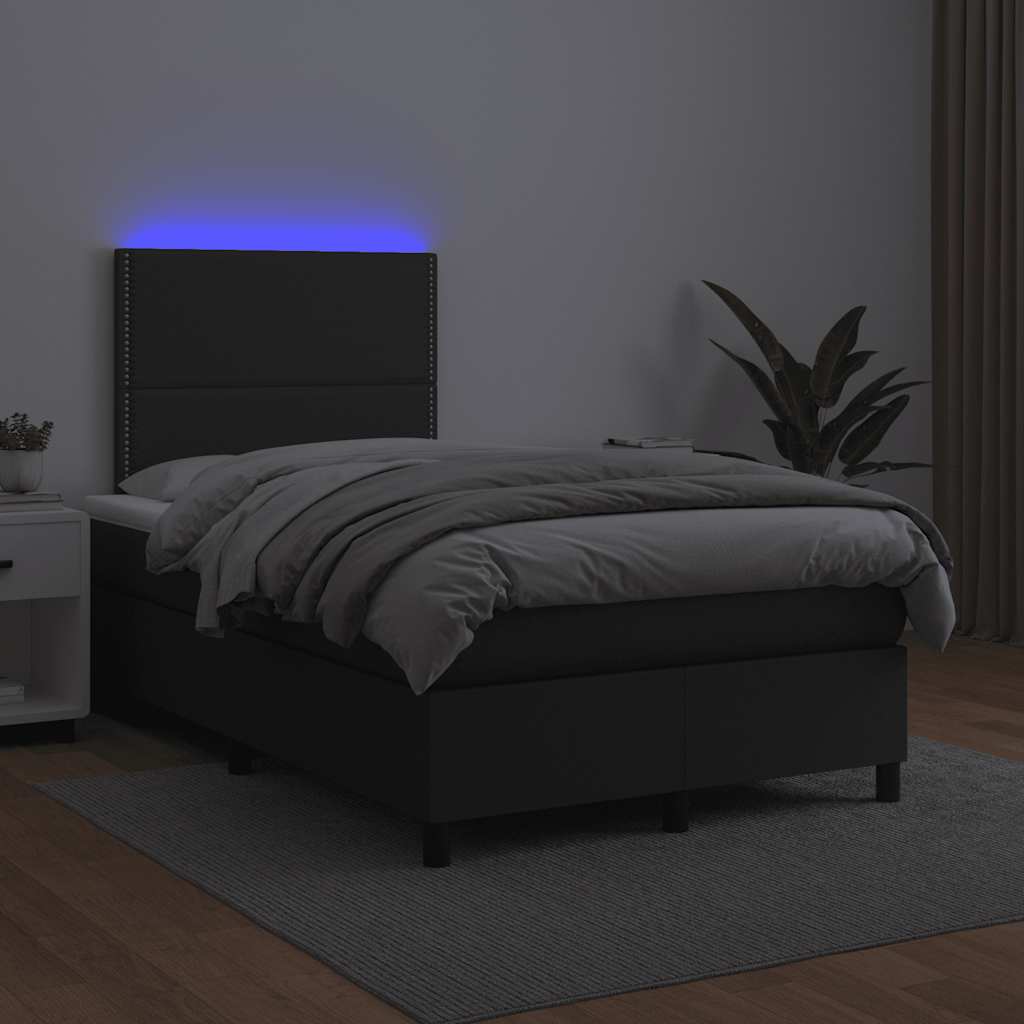 Cama box spring colchão e LED 120x190 cm couro artificial preto