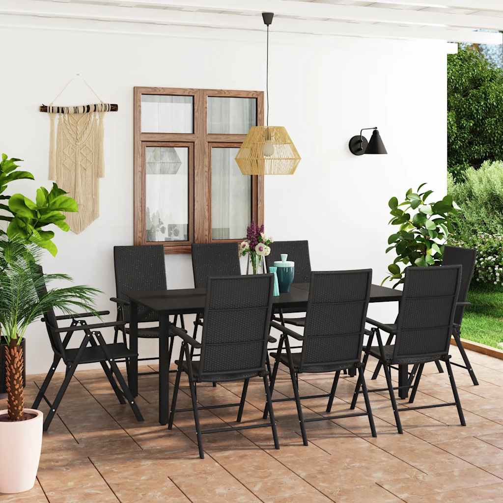 9 Pcs conjunto de jantar para jardim preto