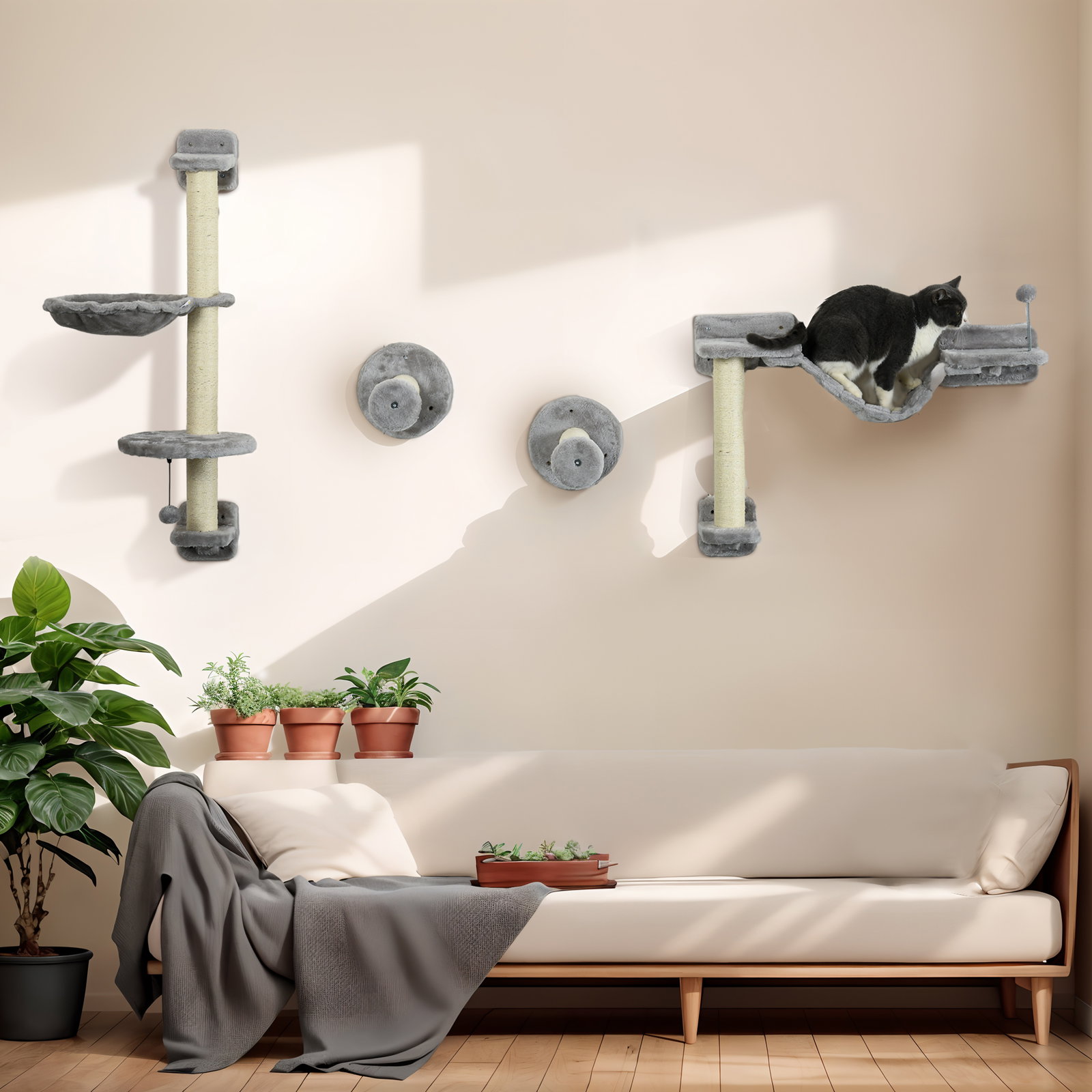 Prateleiras de escalada para gatos de parede com rede plataformas poste de sisal e escada 84,5x19x54 cm cinza e bege
