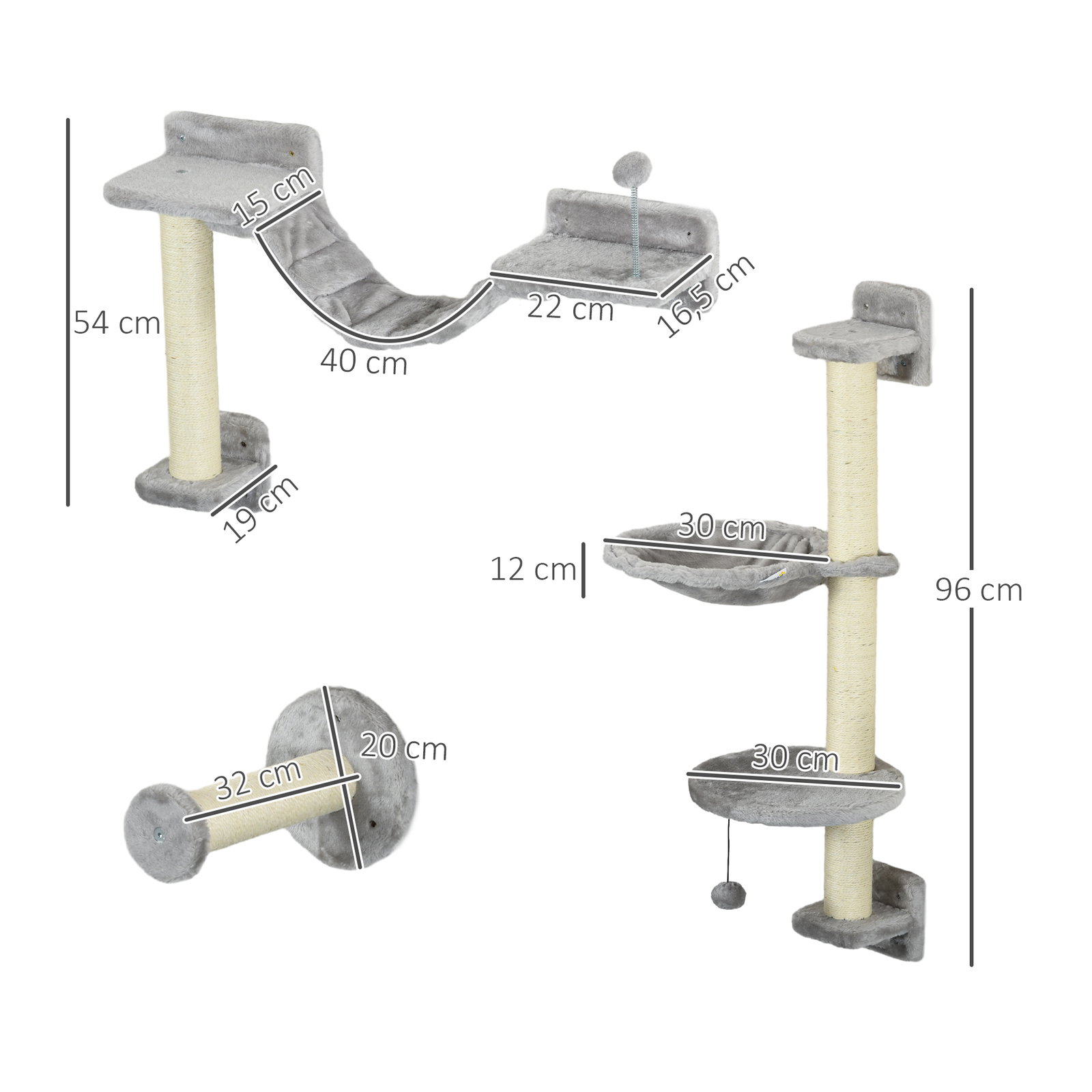 Prateleiras de escalada para gatos de parede com rede plataformas poste de sisal e escada 84,5x19x54 cm cinza e bege
