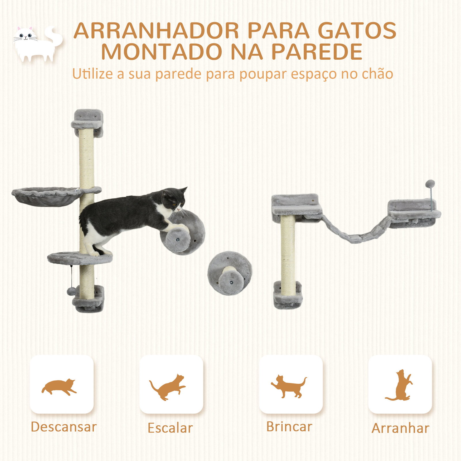 Prateleiras de escalada para gatos de parede com rede plataformas poste de sisal e escada 84,5x19x54 cm cinza e bege