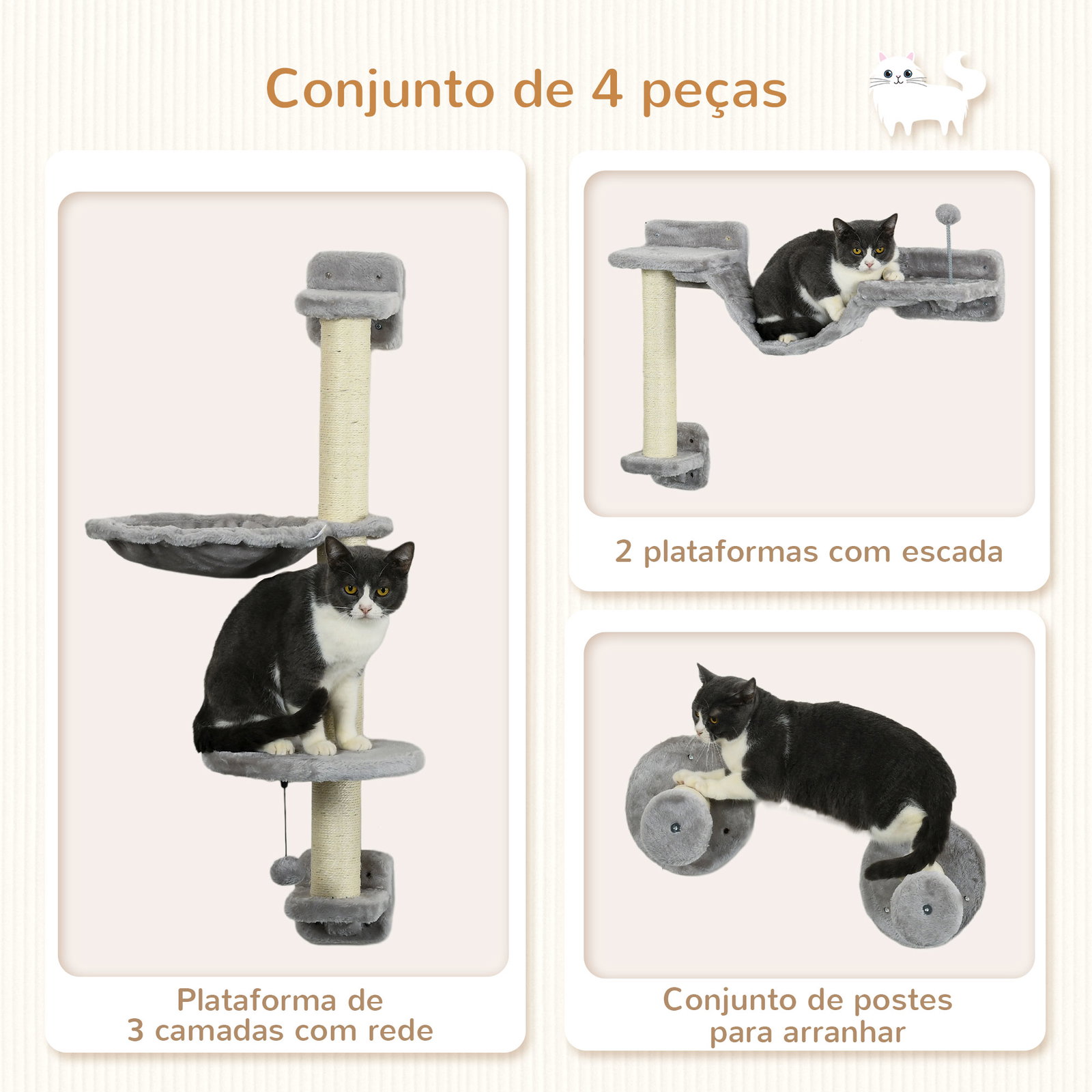 Prateleiras de escalada para gatos de parede com rede plataformas poste de sisal e escada 84,5x19x54 cm cinza e bege