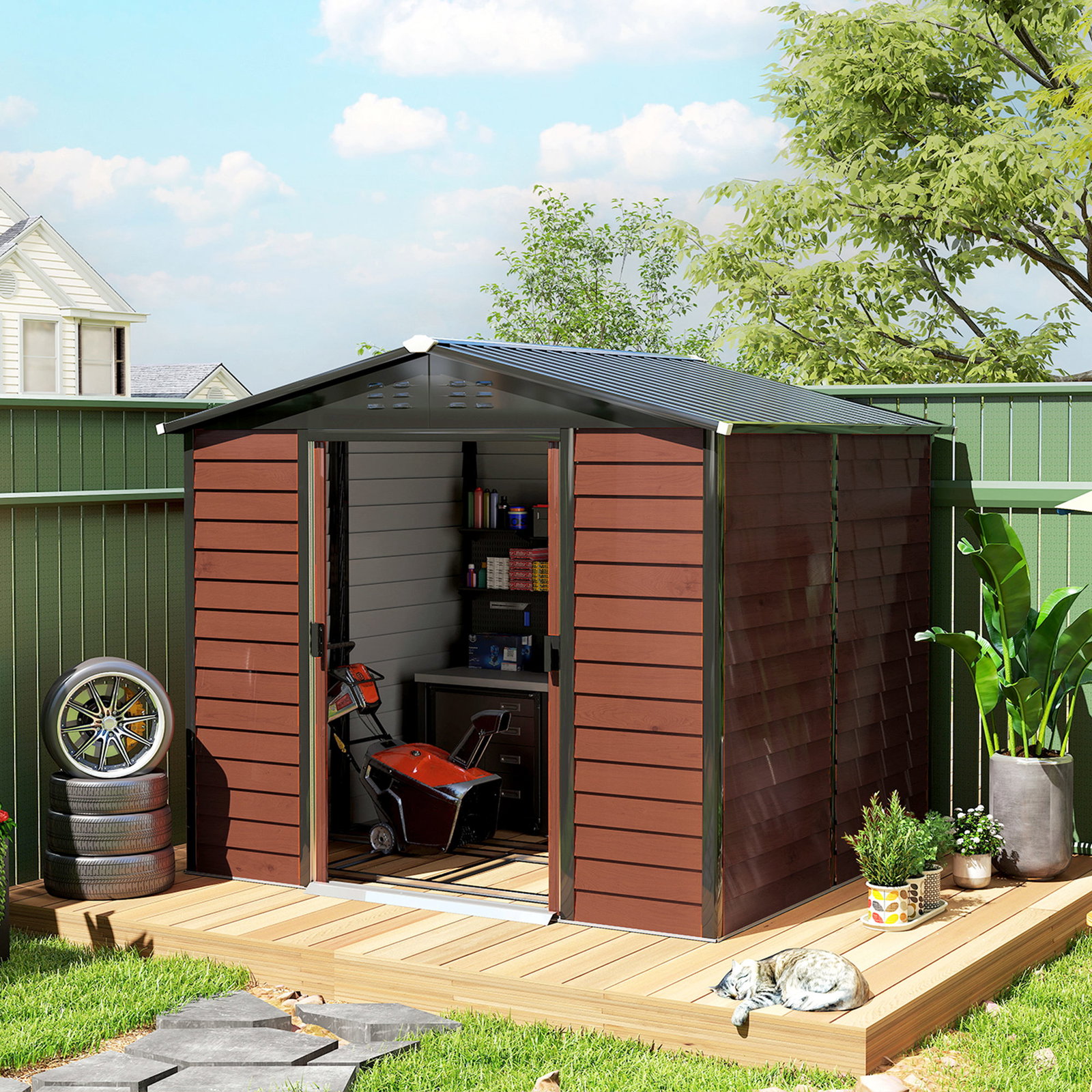 Abrigo de jardim exterior 4,4 m² 240x206x198 cm abrigo de jardim com porta de correr e fechadura teca